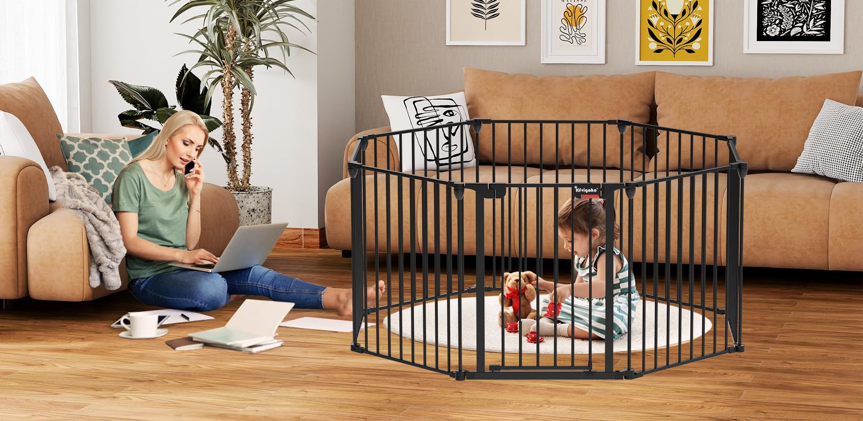 Kfvigoho Baby Gate 35'-198' Extra-Wide Gate For Stairs, Play Yard Child Safety Gate, Dog-Gate With Auto-Close Door, Double Locking System For Fireplace, Kitchen, Foldable 8 Steel Panels, 29' Height