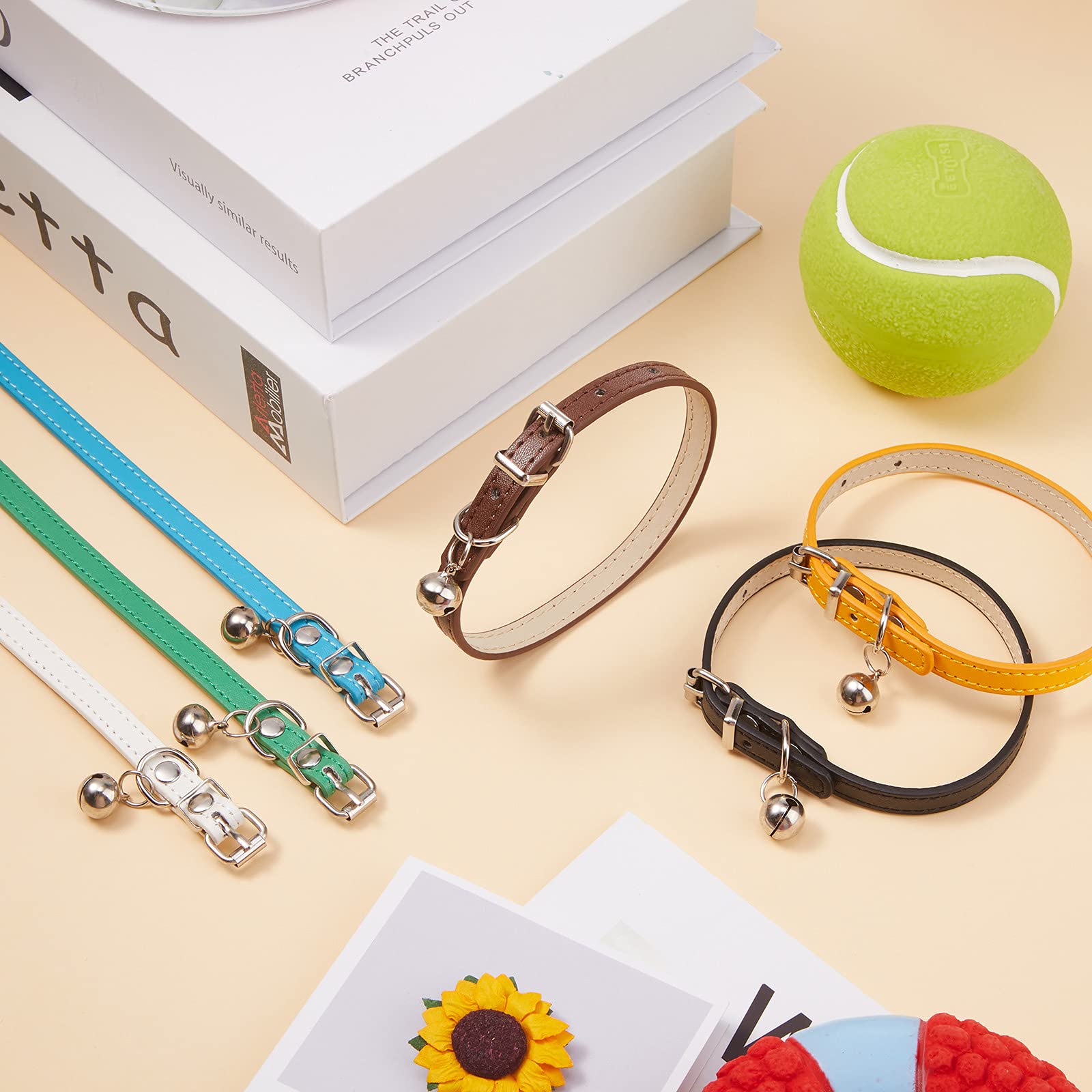Weewooday 6 Pieces Leather Cat Collar With Bell Leather Kitten Collar Cat Collar For Boy Cats, Girl Cats With Safety Elastic Strap Cute Pet Collars For Small Cat Kitten Puppy(Fresh Color)