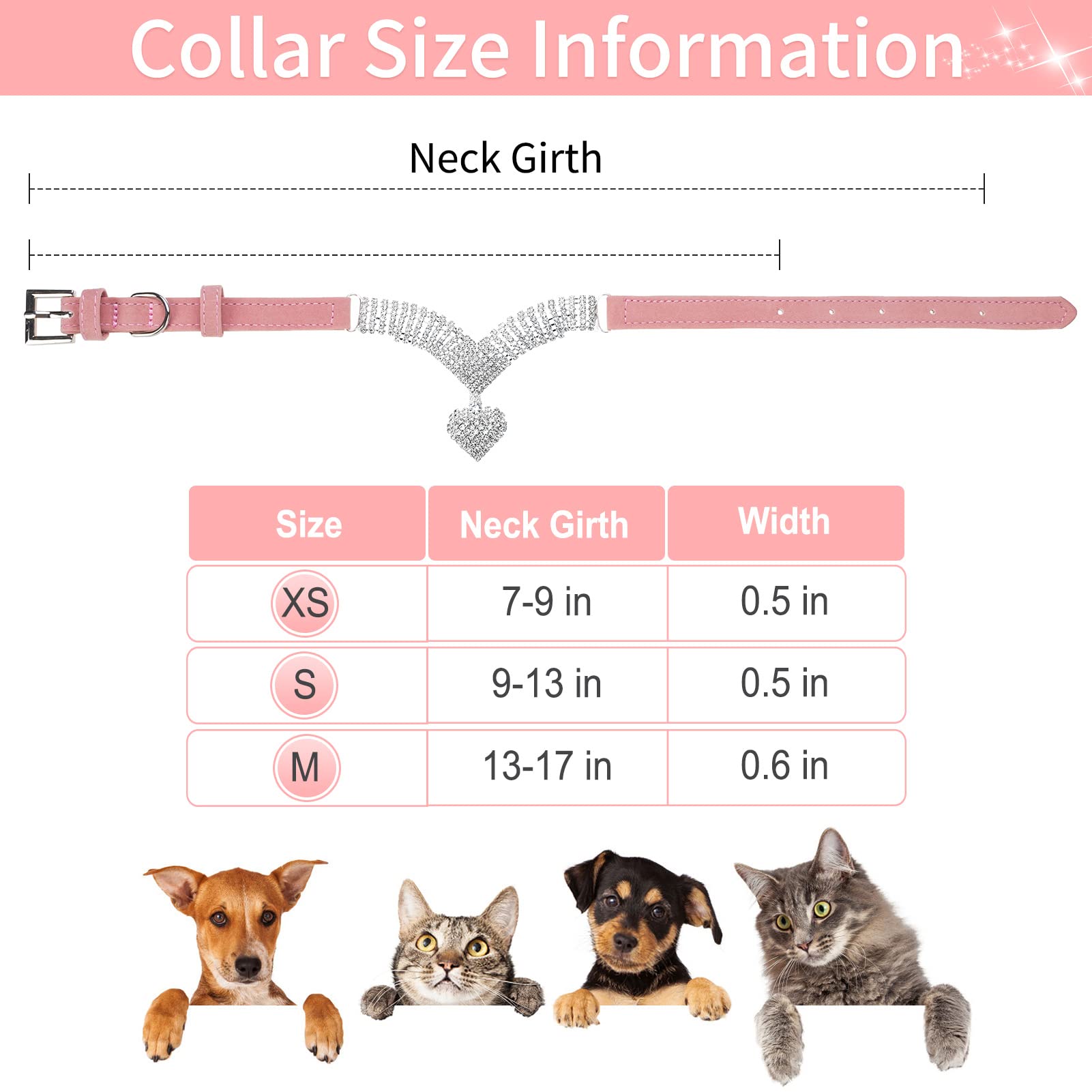 Expawlorer Cute Dog Necklace - Rhinestone Dog Collar, Soft Velvet Collar For Girl Boy Cats Dogs, Sparkling Pet Neck Decoration, Adjustable Pet Collar For Puppies Cats Small Medium Dogs, Pink Xs