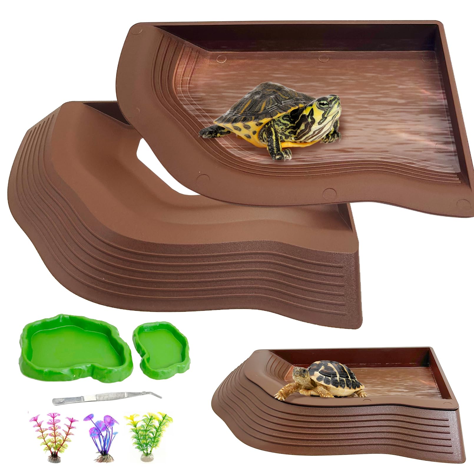 Apatal Reptile Bathing Pool 2-in-1 Tortoise Water Dish with Ramp Large Turtle Feeding Bowl with Steps Plastic Reptile Food & Wat