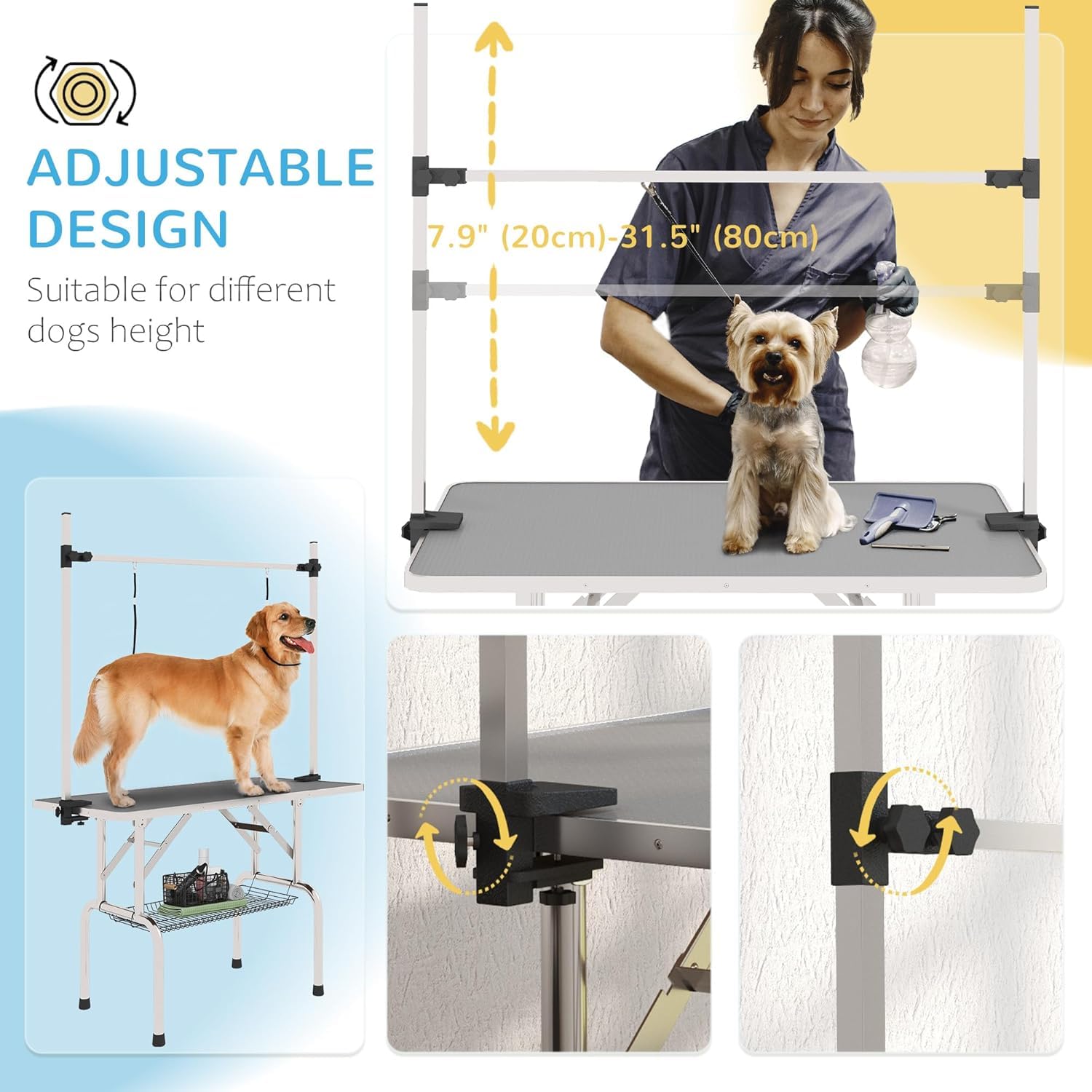 Epikoib Pet Dog Grooming Table, Foldable Stainless Steel Pet Drying Grooming Table Up To 330Lbs, Professional Bathing Desk For D