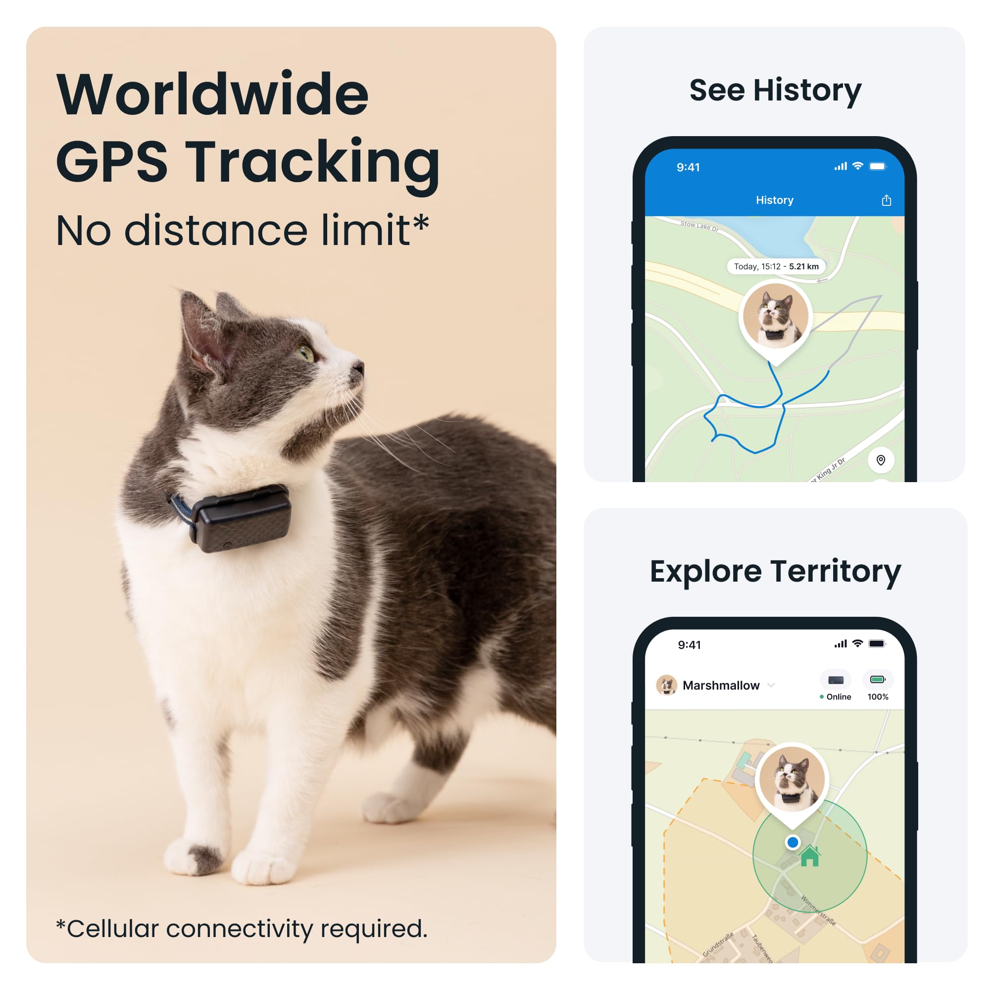Tractive GPS Cat Tracker (6.5 lbs+), Real-time Pet Location Tracker, Health & Wellness Alerts, Battery Life Up to 7 Days, Breaka