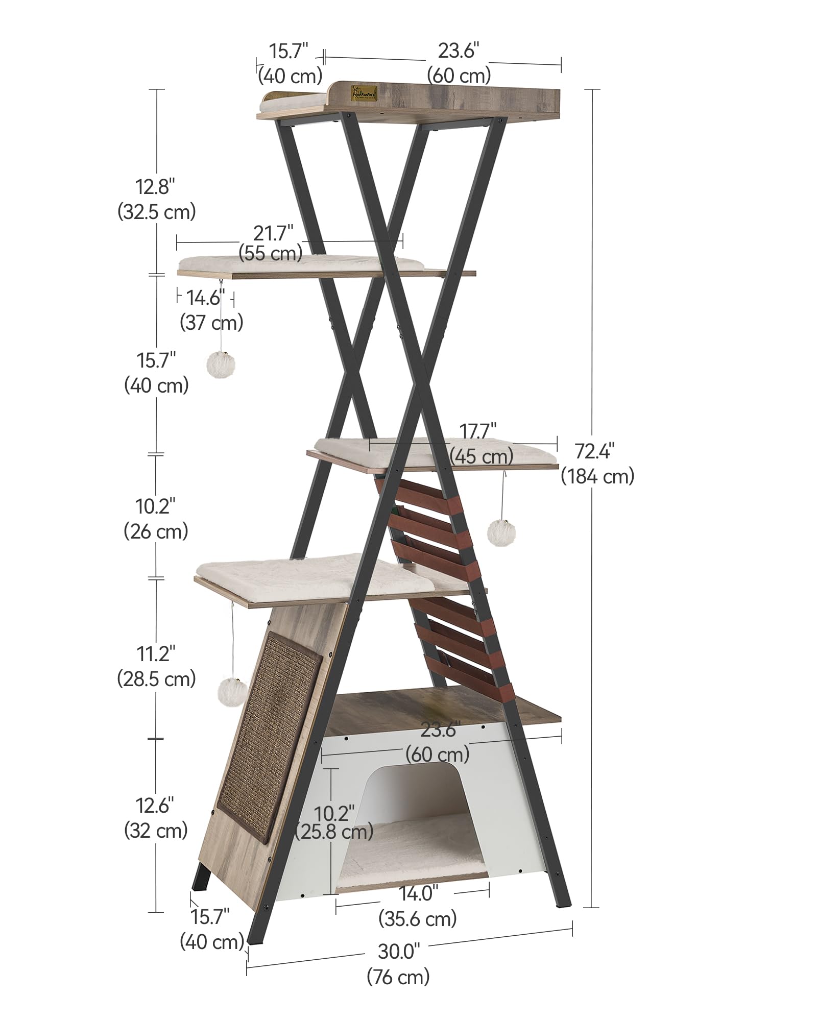FourFurPets 72.4 Cat Tree, Modern Cat Tower for Indoor Cats, Multi-Level Cat Condo with Caves, Tall Cat Tree with Cat Scratching