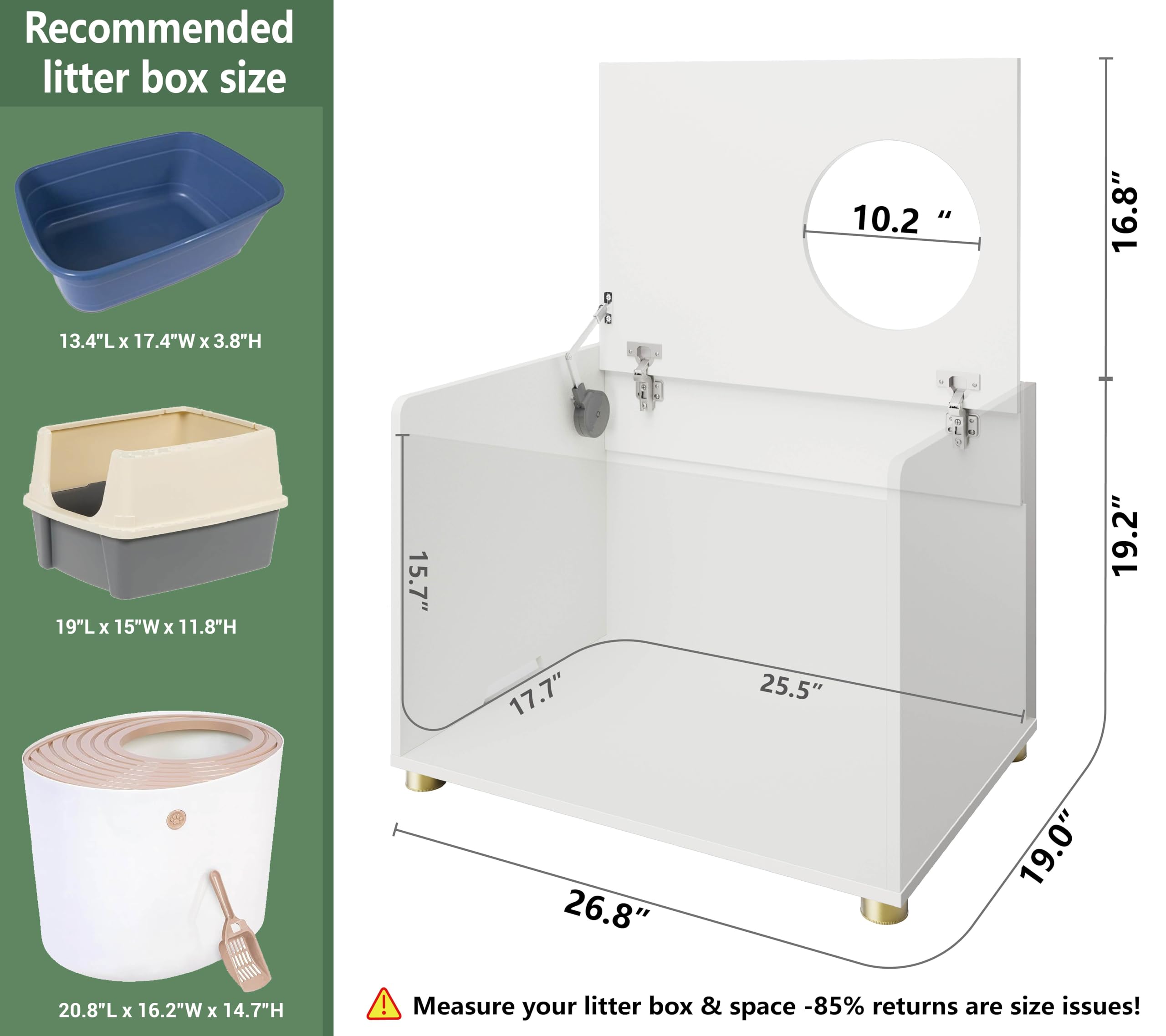 Amunrbrek Top Entry Litter Box Enclosure, Modern Flip Top Litter Box Furniture with Cat Scratch Mat, Side Table (White)