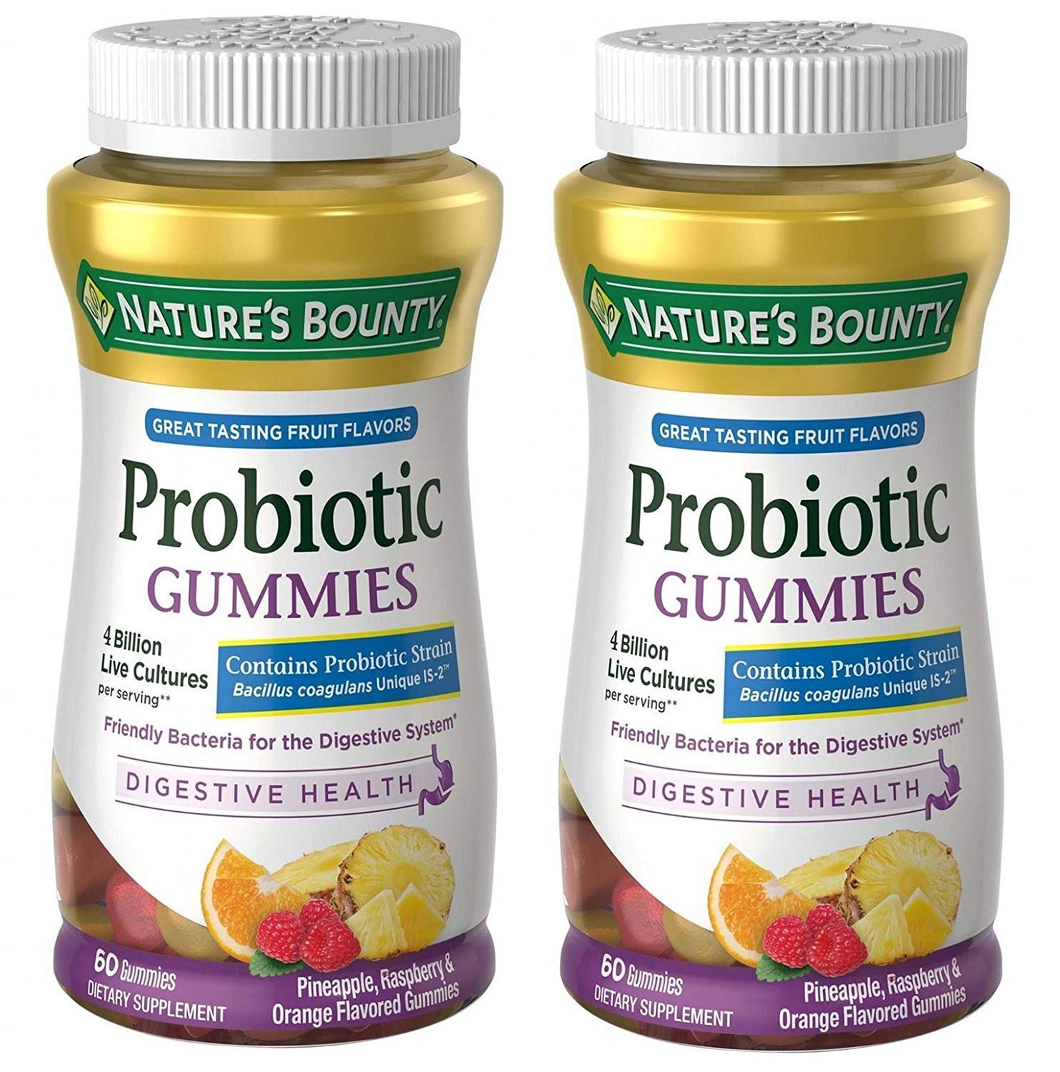 Natures Bounty Probiotic Gummies, Dietary Supplement, For Digestive Health, Natural Fruit Flavors, 2 Pack, 120 Gummies