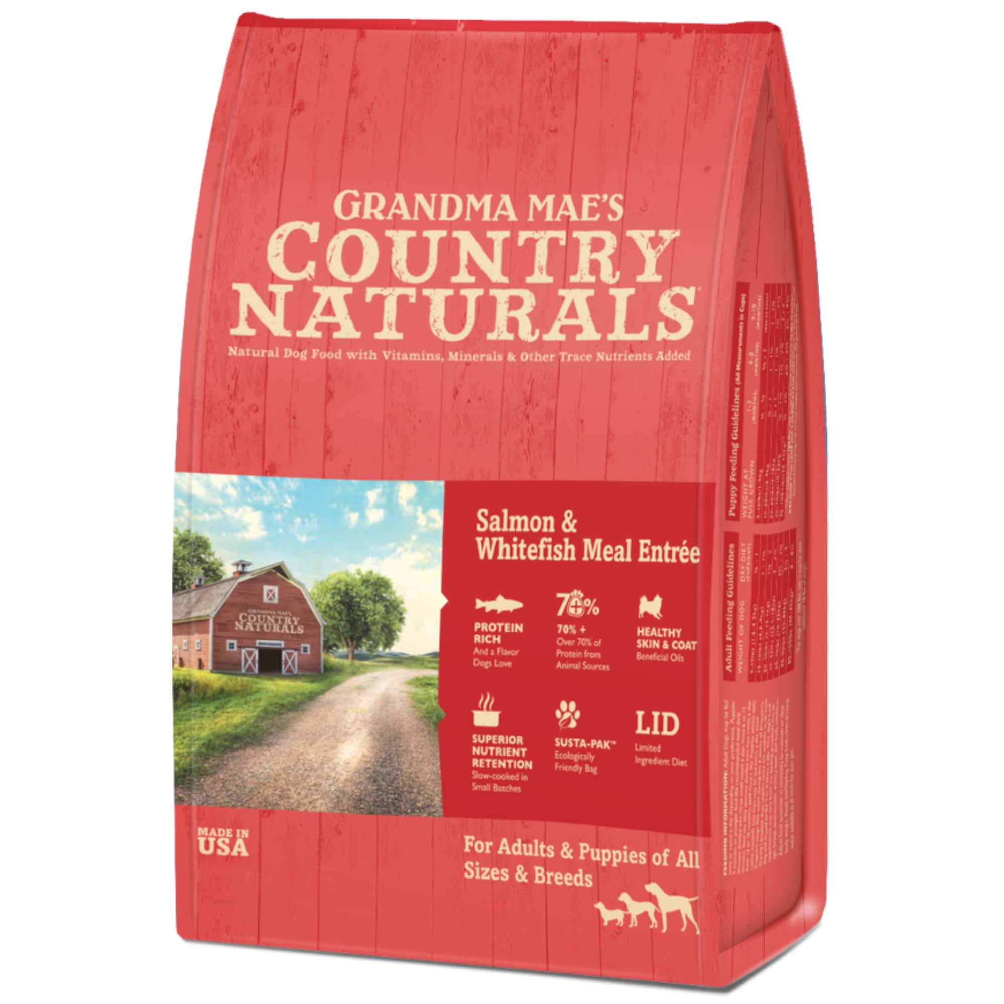 Grandma Maes Country Naturals Dry Dog Food, Salmon, Whitefish & Brown Rice, Slow Cooked & Nutrient Dense, Made in USA, 14 LB Ba