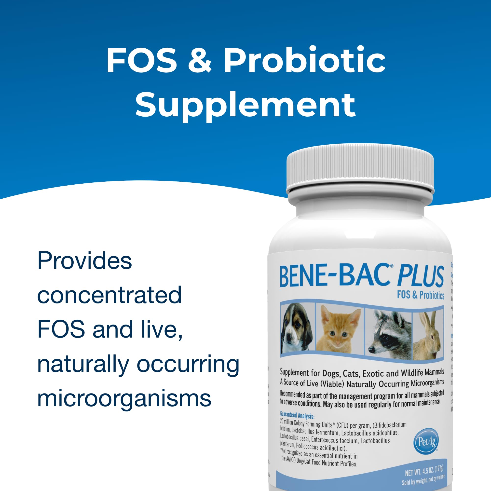 Pet-Ag Bene-Bac Plus - 4.5 oz Powder - FOS & Probiotics for Dogs, Cats, Exotic & Wildlife Mammals