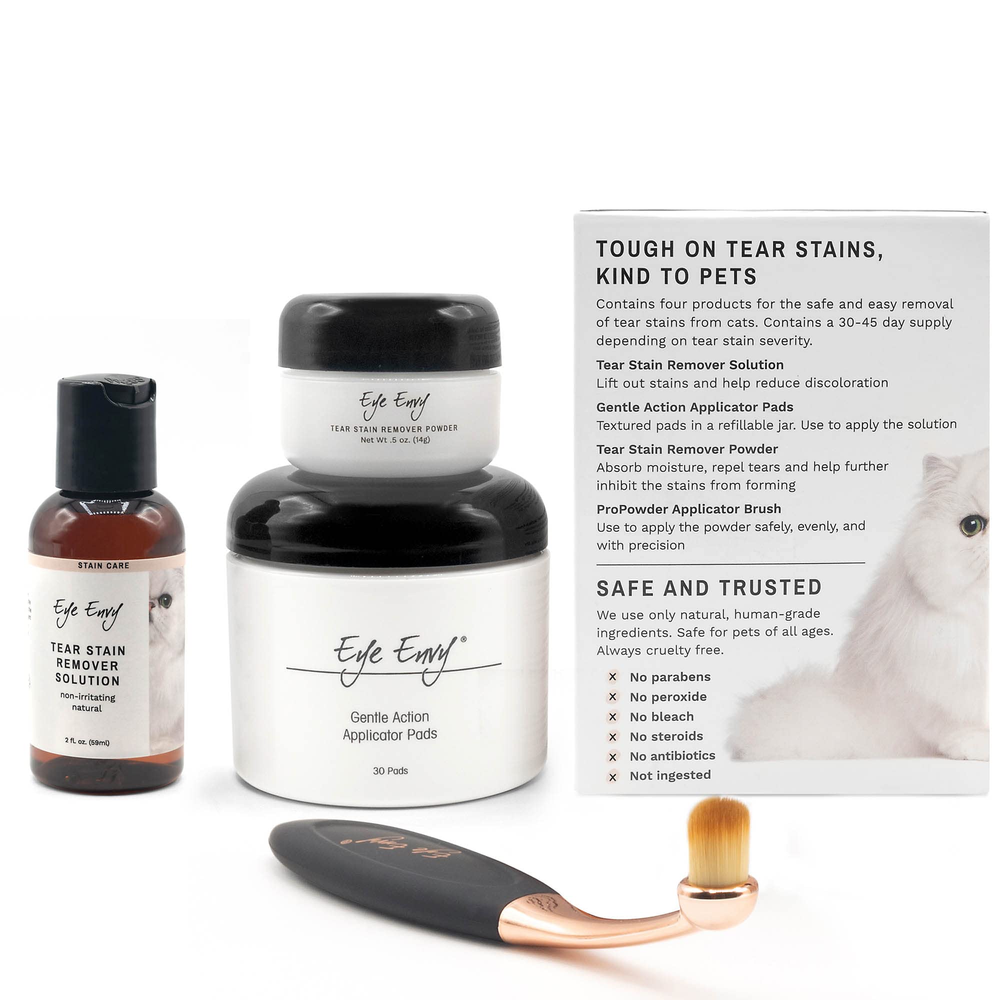 Eye Envy Cat Tear Stain Remover Starter Kit with ProPowder Brush. Stain Solution, Applicator Pads, Stain Powder, and Small Appli