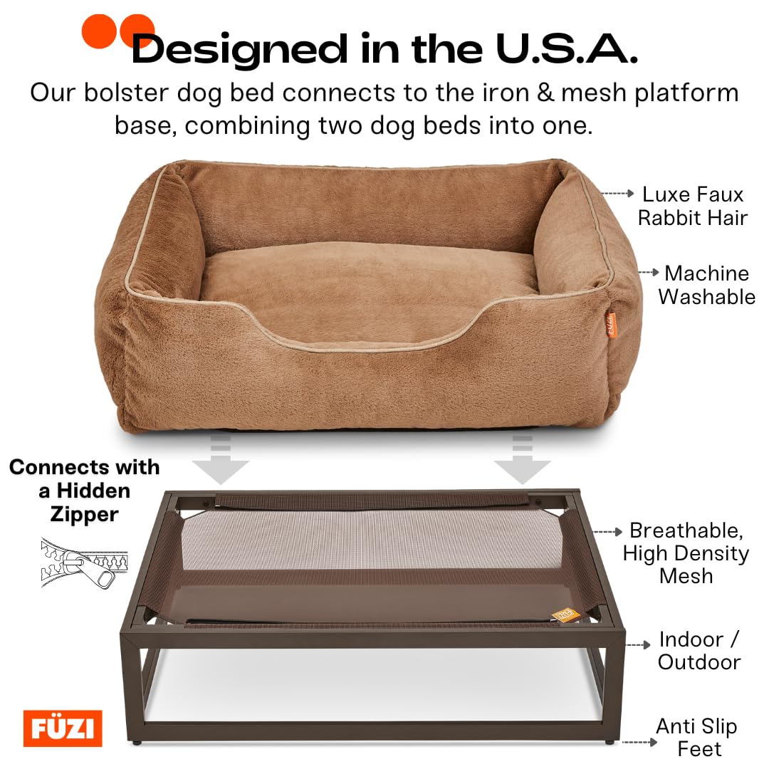 FUZI Elevated Dog Bed - Large Luxury Orthopedic Pet Bed, Removable Washable Cover, 36"x29"x16", Light Grey & Black