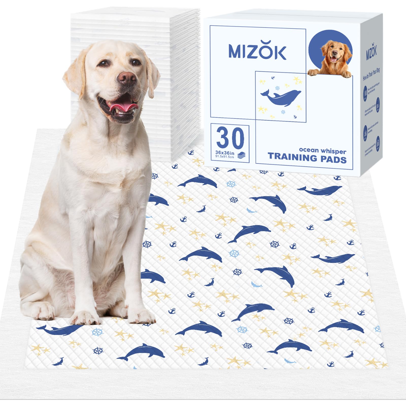 MIZOK 36x36 Puppy Pads, Dog Pads Extra Large with Ocean Whisper Prints, Potty Training Pee Pads for Dogs, Cute Dog Pee Pads Jumb