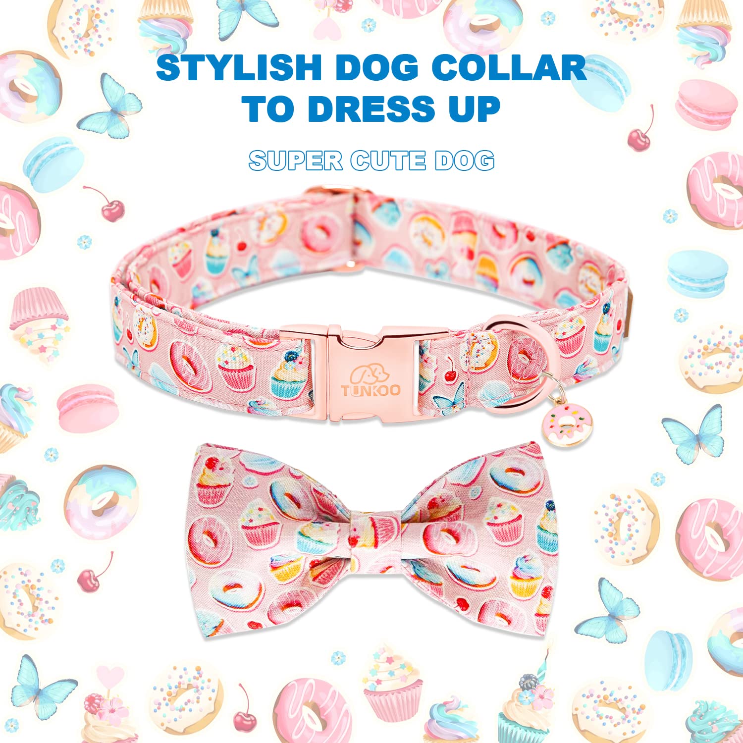 Tunkoo Pink Dog Collar With Bow Tie Cute Cake - Durable, Adjustable, And Stylish Pet Collar Available In Small Medium Large M