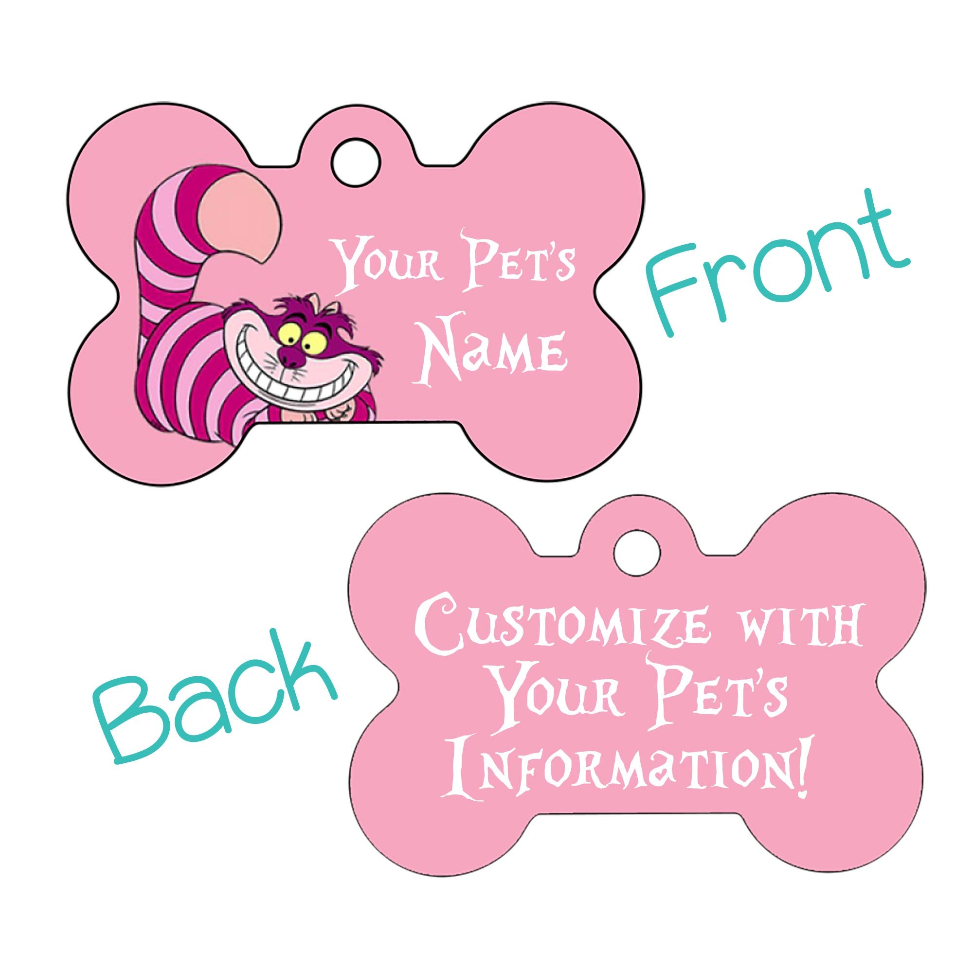 Udesignusa Double Sided Personalized Pet Id Tags For Dogs & Cats (Cheshire Cat, Bone Shaped)