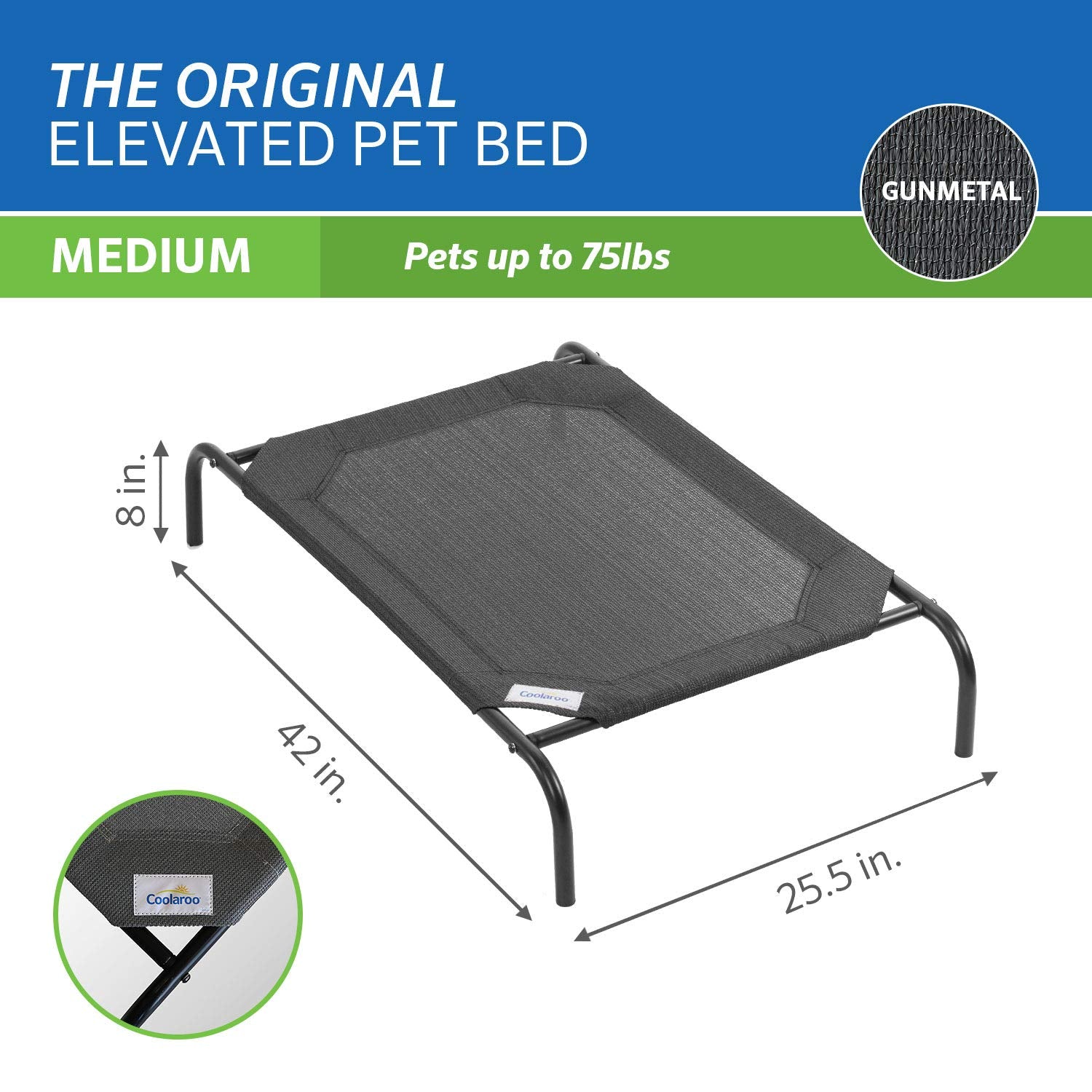 Coolaroo The Original Cooling Elevated Dog Bed, Indoor And Outdoor, Medium, Gunmetal