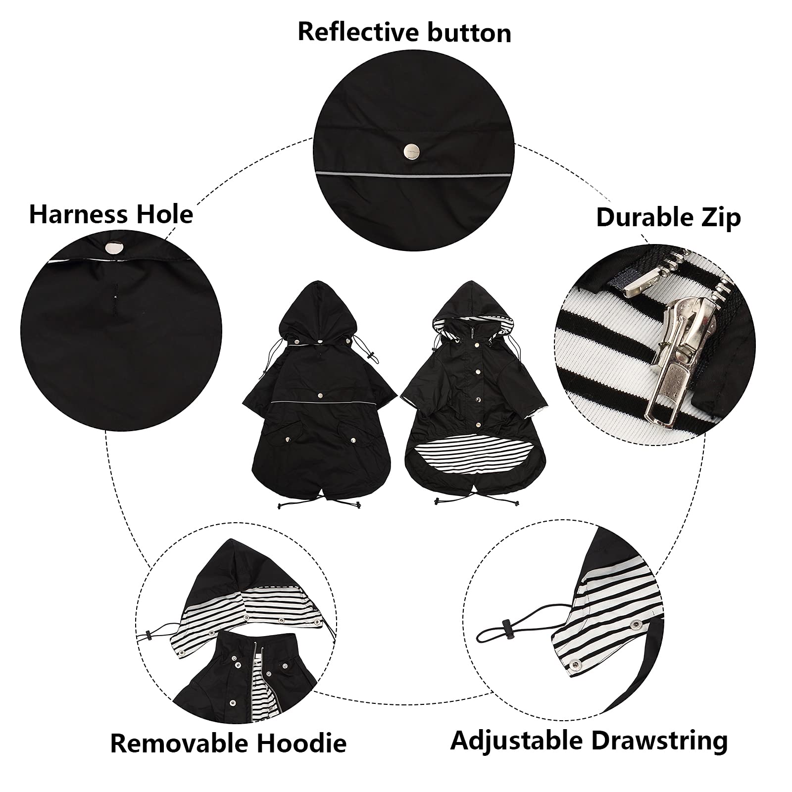 Morezi Dog Zip Up Dog Raincoat With Reflective Buttons, Rain/Water Resistant, Adjustable Drawstring, Removable Hood, Stylish Premium Dog Raincoats - Size Xs To Xxl Available - Black - Xxl