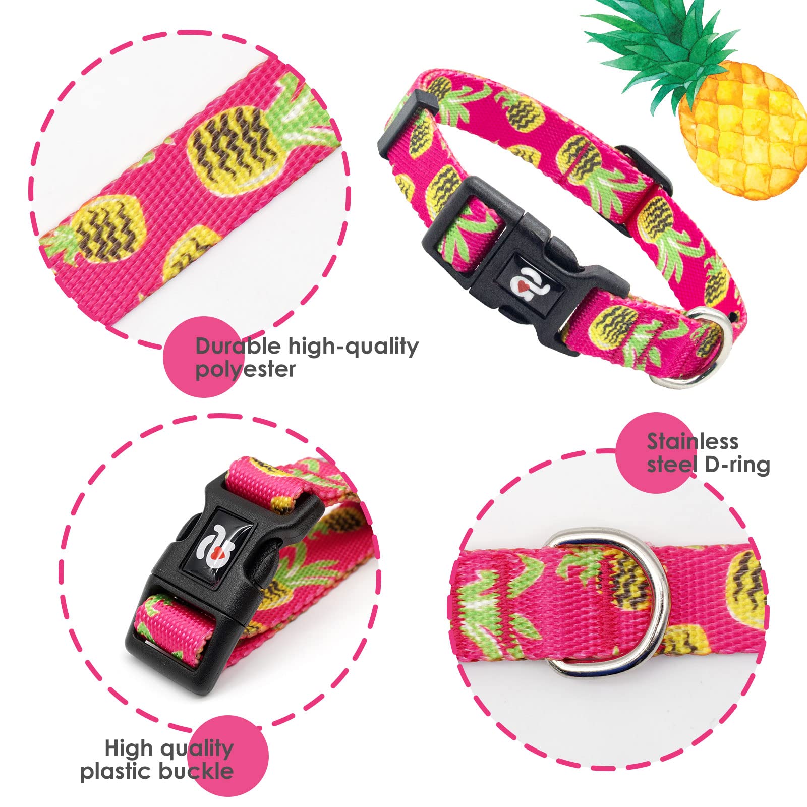 Azuza Dog Collar And Leash Set, Pineapple Patterns On Nylon Collar And Matching Leash, Great Option For Medium Dogs