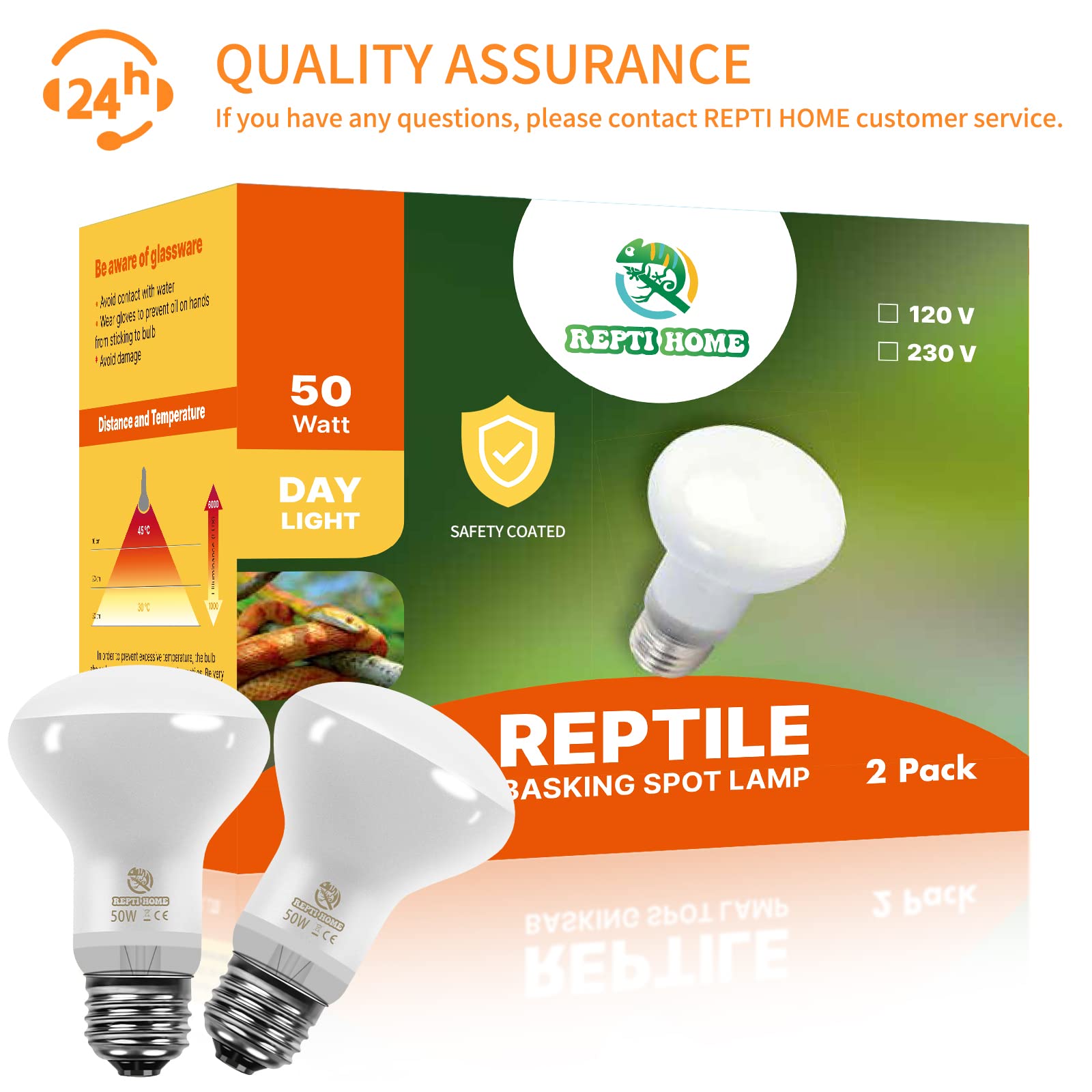 Repti Home Reptile Heat Lamp Bulbs (New Upgraded, Safer, 50W 2 Pack), Reptiles & Amphibians Uva Basking Spot Lamp Bulb, Reptile Daylight Heat Bulb For Bearded Dragon, Lizard, Turtle