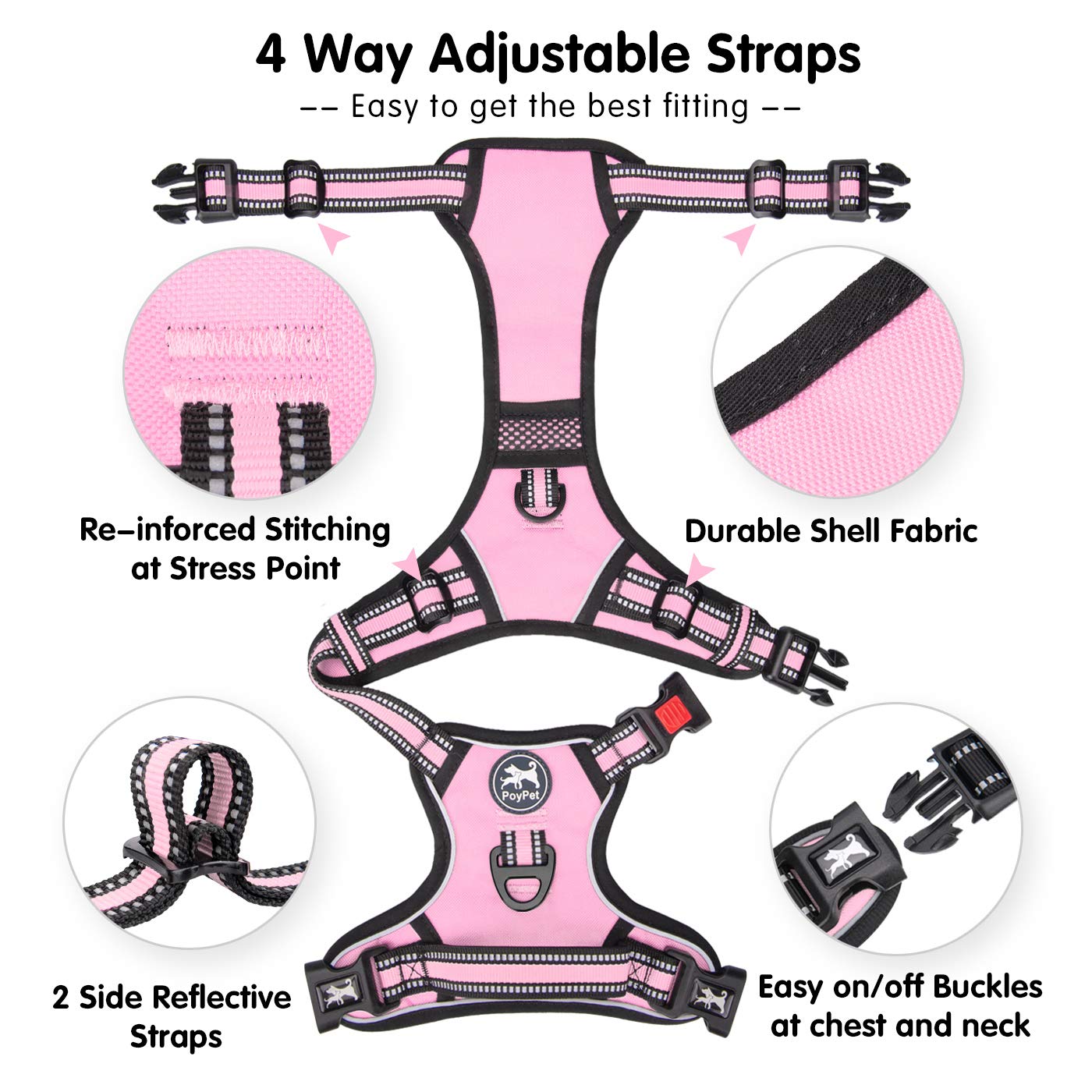 Poypet No Pull Dog Harness, [Release On Neck] Reflective Adjustable No Choke Pet Vest With Front & Back 2 Leash Attachments, Sof