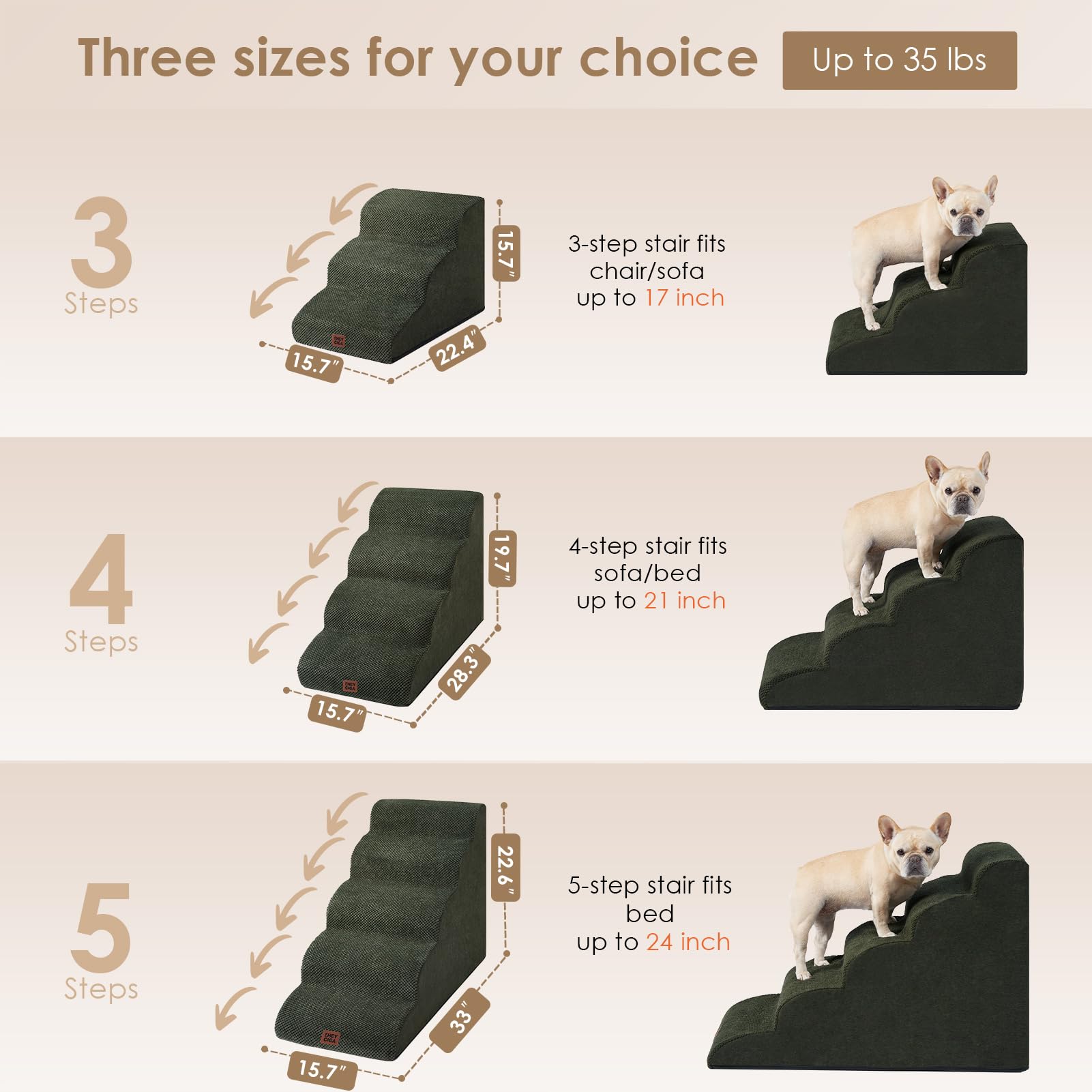 Eheyciga Curved Dog Stairs Ramp For High Beds 22.6' H, 5-Step Dog Steps For Small Dogs And Cats, Pet Stairs For High Bed Climbing, Non-Slip Balanced Pet Step Indoor, Olive Green