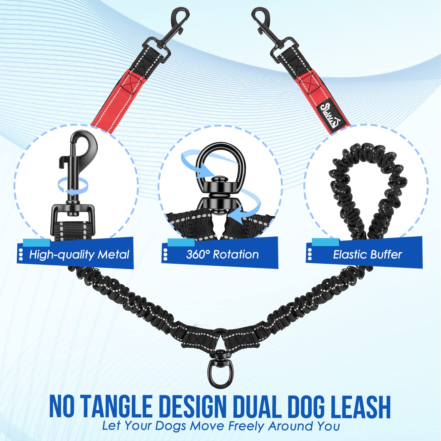Lukovee Double Dog Leash, No Tangle 360 Swivel Heavy Duty Reflective Lead With Two Padded Handles Dual Dog Splitter, Comfortable