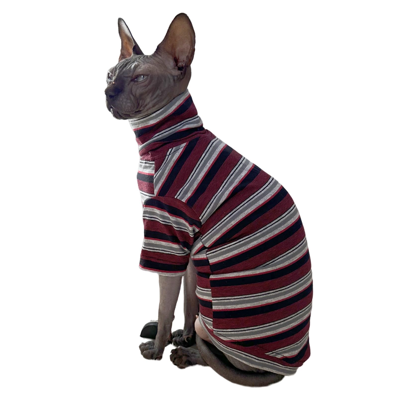 Vintage Stripes Sphynx Hairless Cats Shirt Cotton Cat Turtleneck Pet Clothes Kitten T-Shirts With Sleeves For Sphynx Cats (Old S