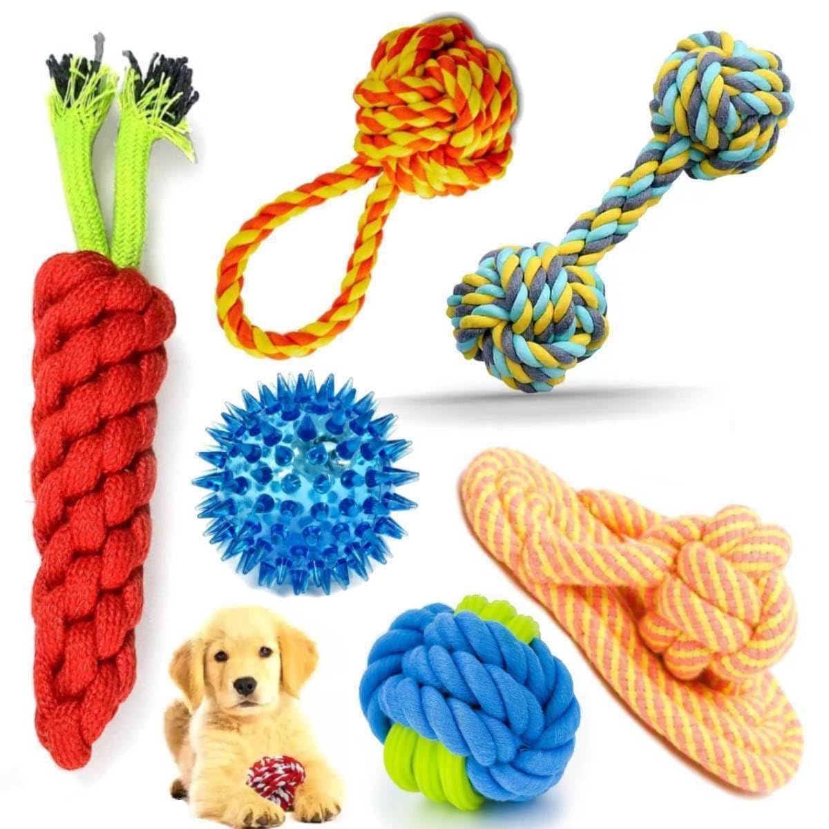 Youhavedeal 6Piece Dog Chew Rope Toy Set For Puppies & Small Dogs  Durable Knotted Cotton Toys, Squeaky Rubber Ball, Tug & Tee