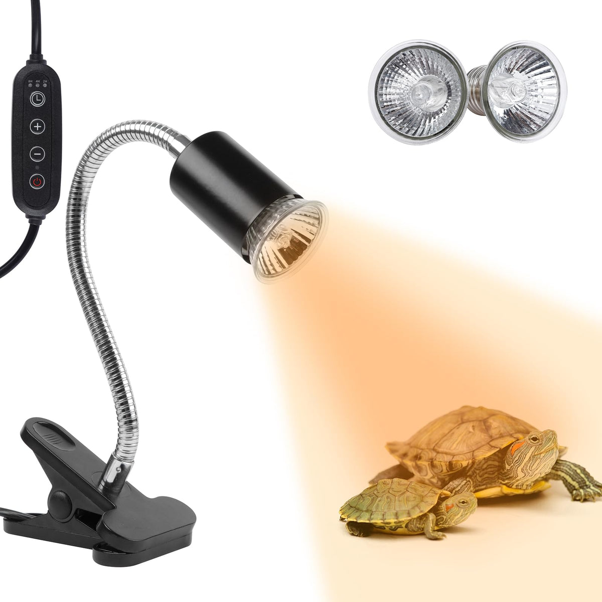 Lucky Herp Reptile Heat Lamp With Clamp, Aquarium Turtle Tank Basking Light With 360 Rotatable Timing & Dimming And 2 Pack 50W U