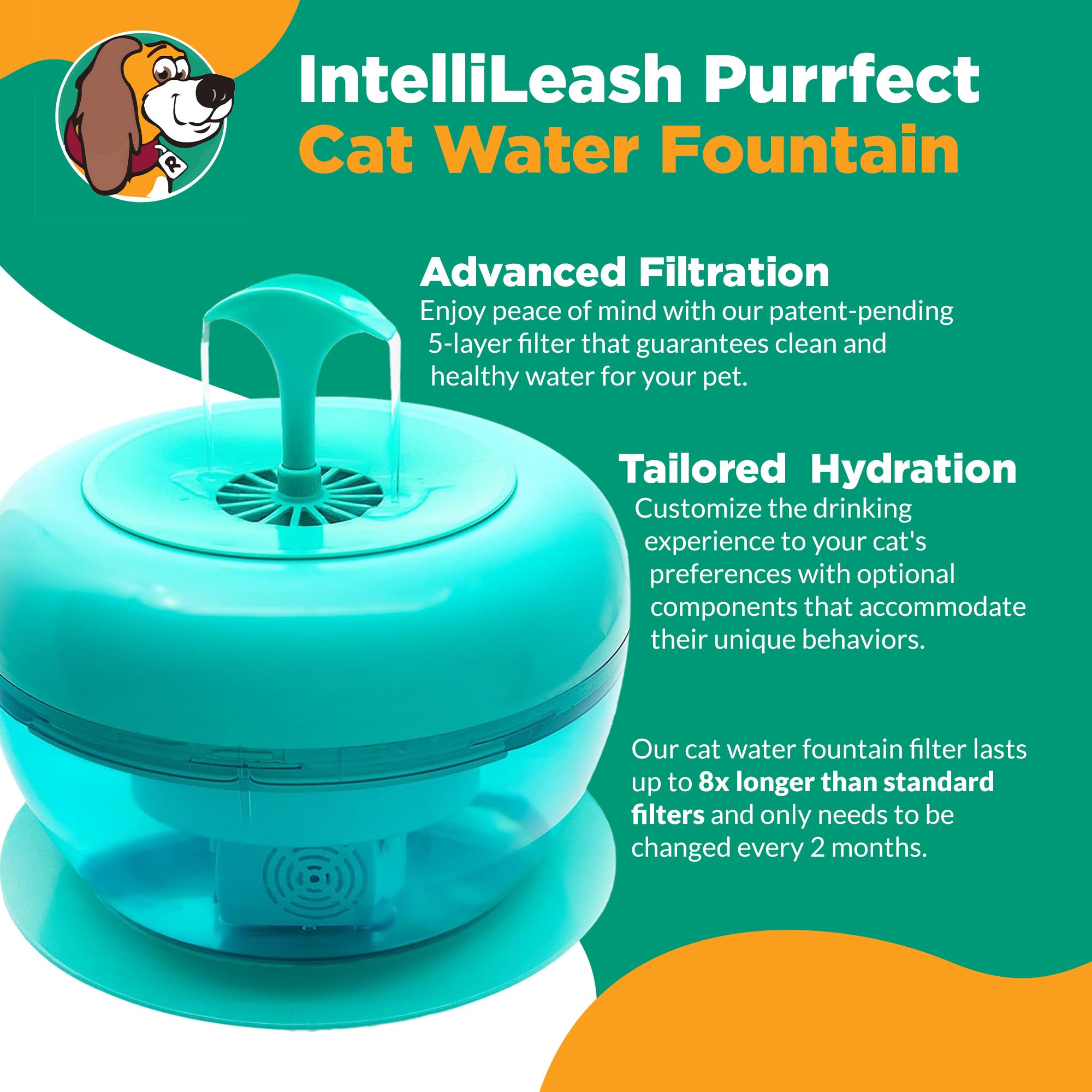 Intellileash Purroducts Purrfect Water Fountain For Cats And Dogs - Premium 5-Layer Filtration, Splash-Proof, Auto Shut-Off, And