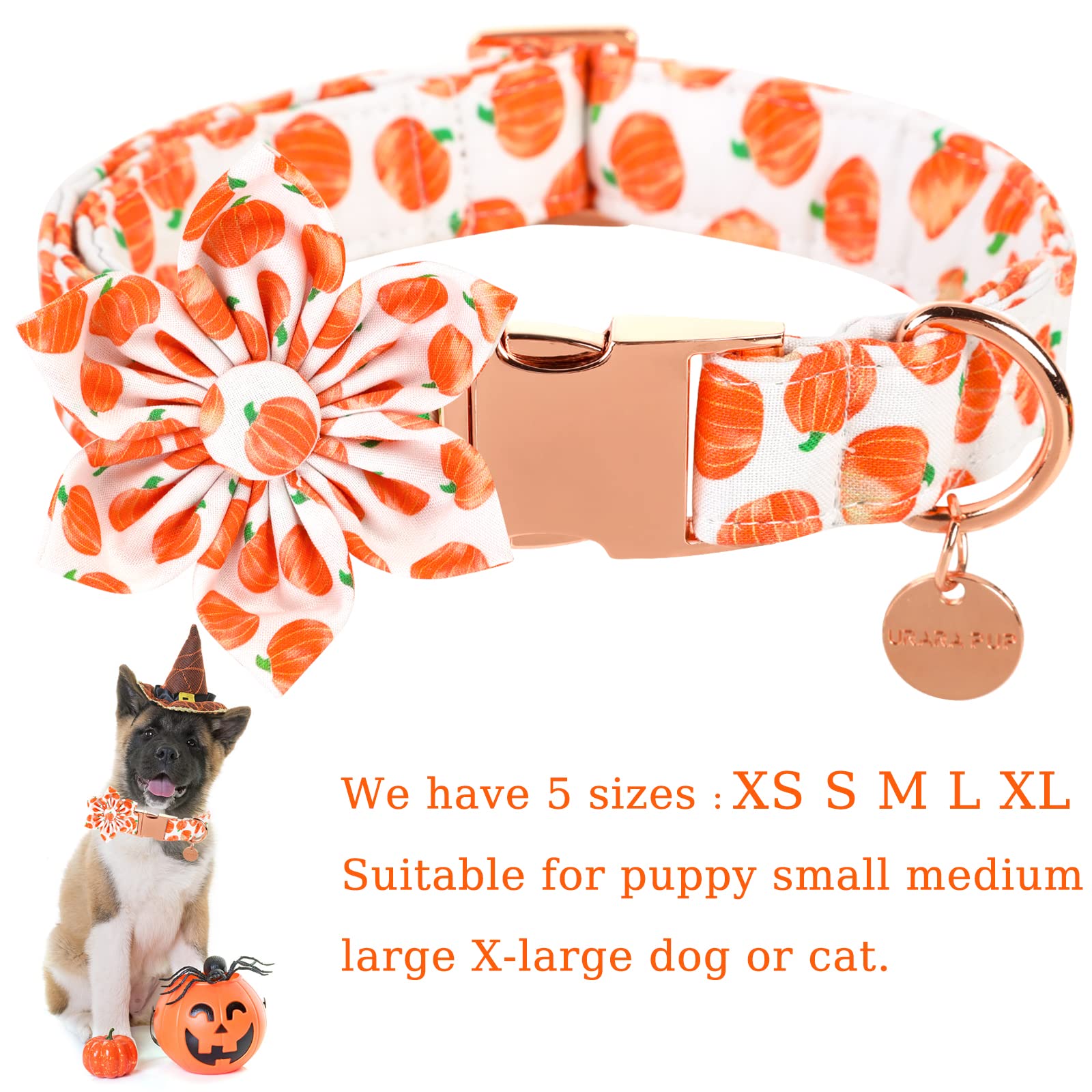 Up Urara Pup Halloween Dog Collar With Flower, Pumpkin Cotton Flower Collar For Medium Girl Boy Dog, Fall Dog Collar Flower With Durable Metal Buckle, Adorable Pumpkin Pet Collar, M, Neck 13.5-22In