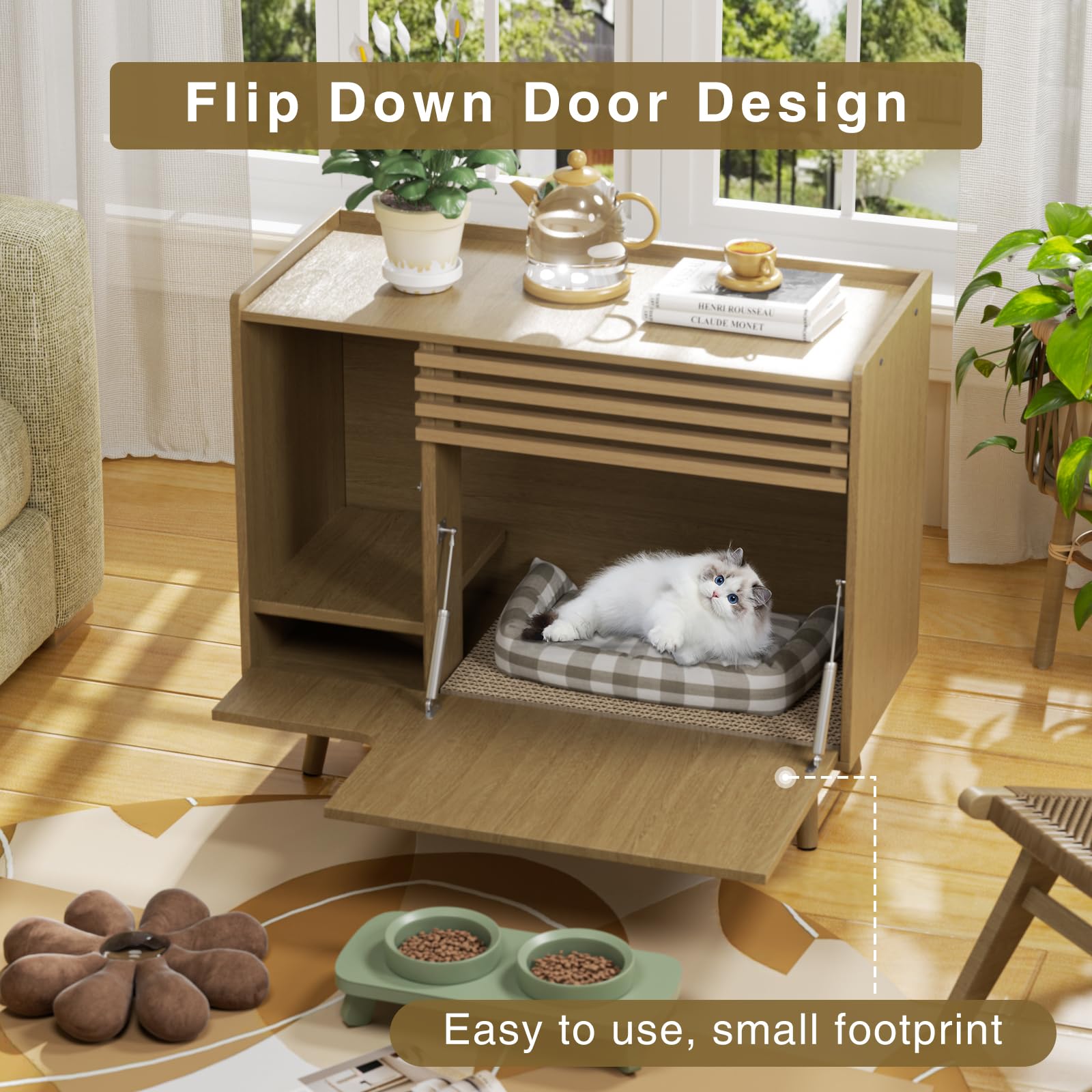 Halitaa Cat Litter Box Enclosure,Mid-Century Modern Hidden Litter Box Furniture With Cat Scratch Pad,Flip-Down Opening Litter Bo