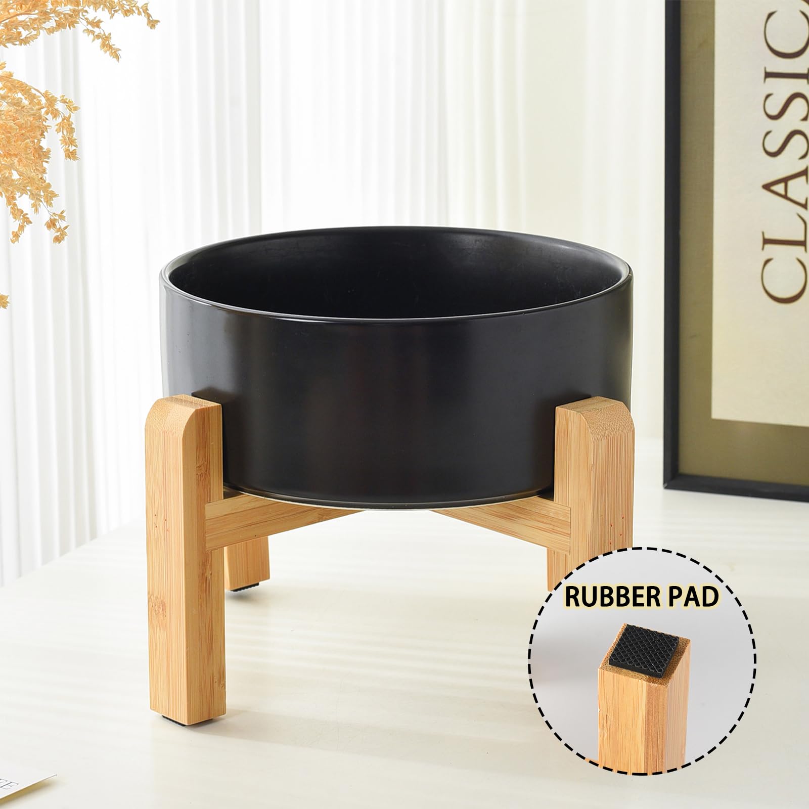 Welloyed 8 Ceramic Raised Dog Bowl - 70Oz Dog Food & Water Bowl with Elevated Non-Slip Bamboo Stand, Dishwasher & Microwave Sa