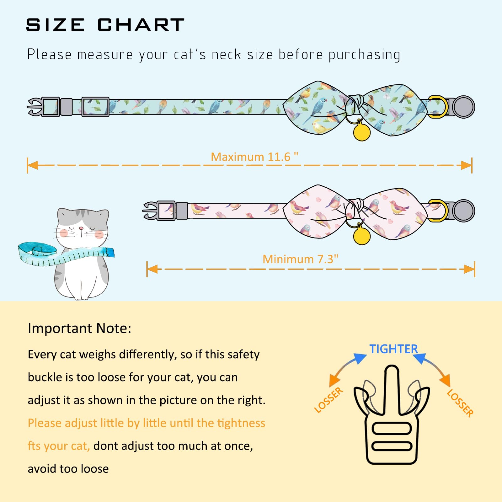 Faygarsle 2 Pack Breakaway Cute Cat Collars With Bell, Cat Collar With Bow For Girl Boy Cats Pink Blue Bird Patterns