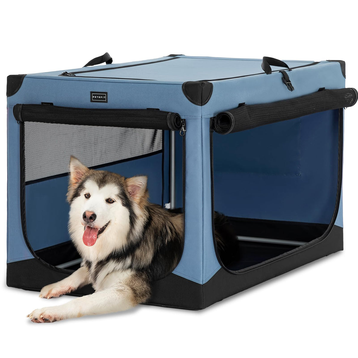 Petsfit 39.5 Inch Crates For Dogs, Adjustable Fabric Cover By Spiral Iron Pipe, Chew Proof 3 Door Design, Soft Portable Dog Kennel Blue