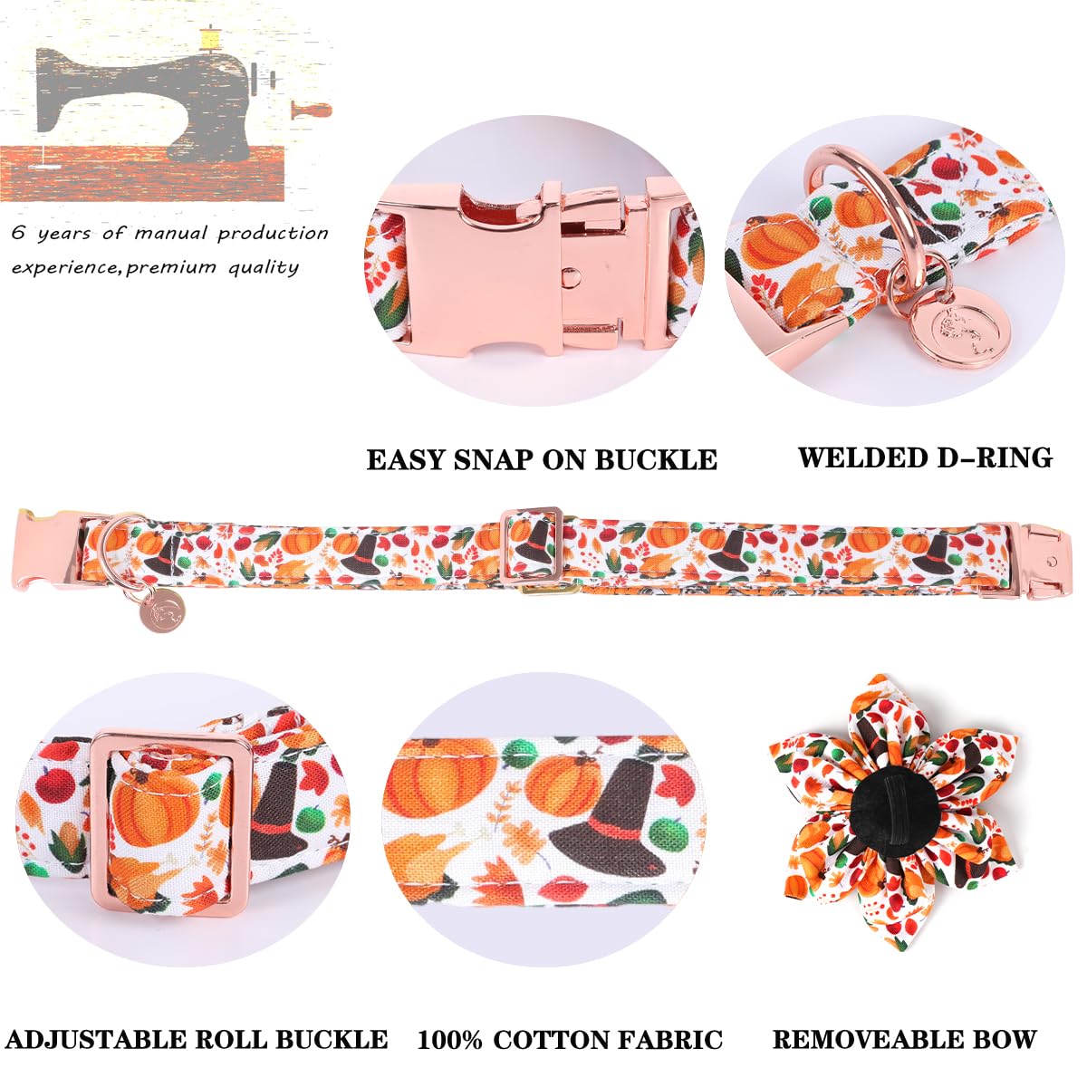 Dogwong Fall Dog Collar With Bowtie - Fall Thanksgiving Dog Collar Soft Cotton Autumn Dogs Necklace - Halloween Puppy Necklace F