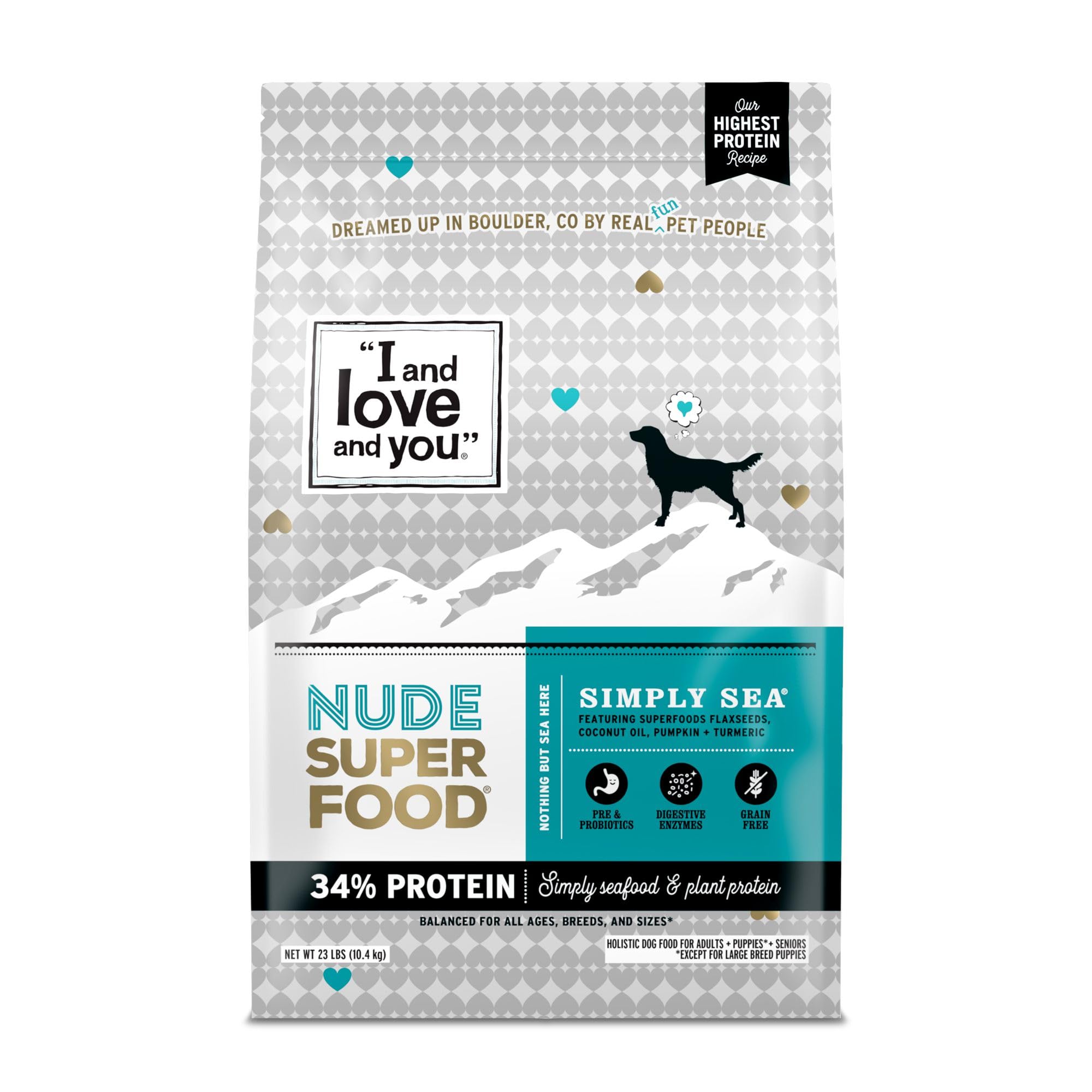I AND LOVE AND YOU Nude Super Food Dry Dog Food - Salmon + Whitefish - Prebiotic + Probiotic, Grain Free, Real Meat, No Fillers,