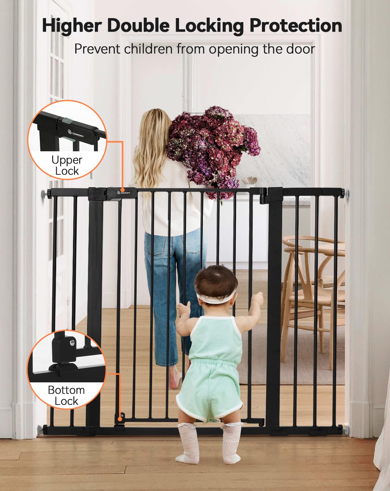 Comomy 36' Extra Tall Baby Gate For Stairs Doorways, Fits Openings 29.5' To 43.3' Wide, Auto Close Sturdy Safety Dog Gate For House, Pressure Mounted Easy Walk Through Pet Gate With Door, Black