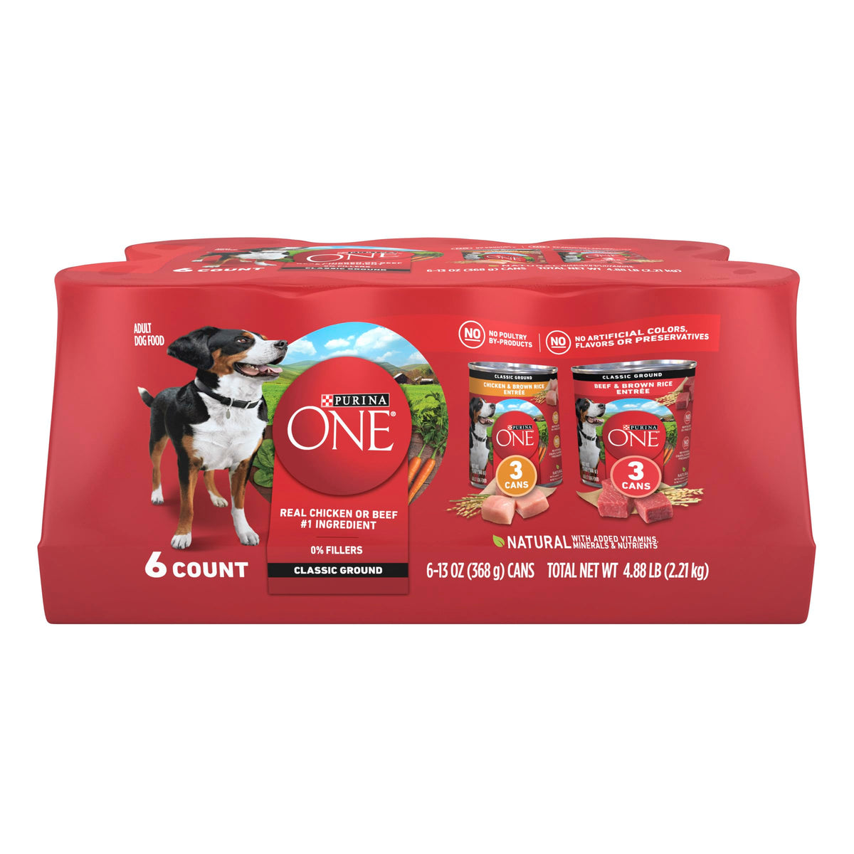 Purina One Classic Ground Chicken And Brown Rice, And Beef And Brown Rice Entrees Wet Dog Food Variety Pack - (Pack Of 6) 13 Oz. Cans