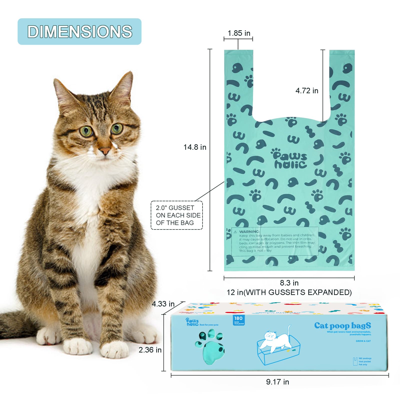 Cat Poop Bags - Pawsholic Biodegradable Cat Litter Bags With Handle,180 Count,Cornstarch Based Extra Thick&Leak-Proof,For Pet Po