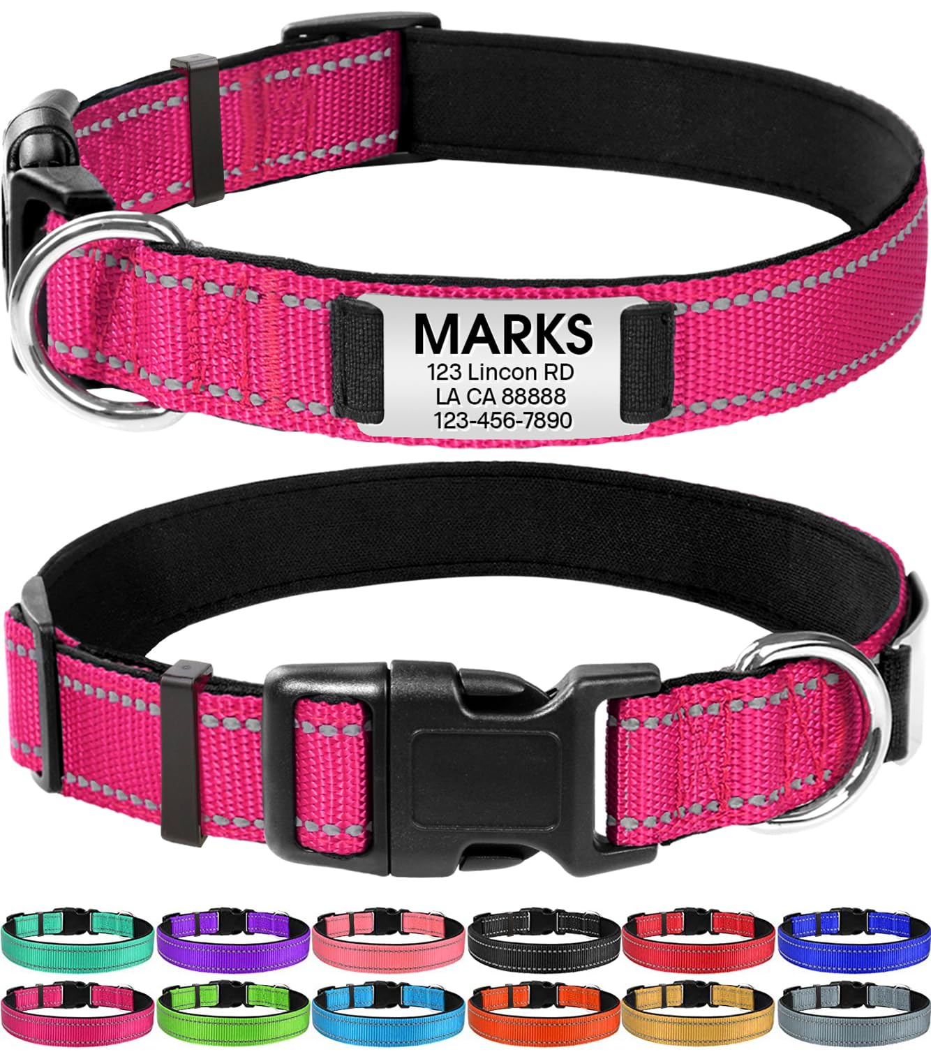 Joytale Personalized Dog Collars, Reflective Nylon Dog Collar With Engraved Name Plate, Customized For Xlarge Dogs, Hotpink, Xl