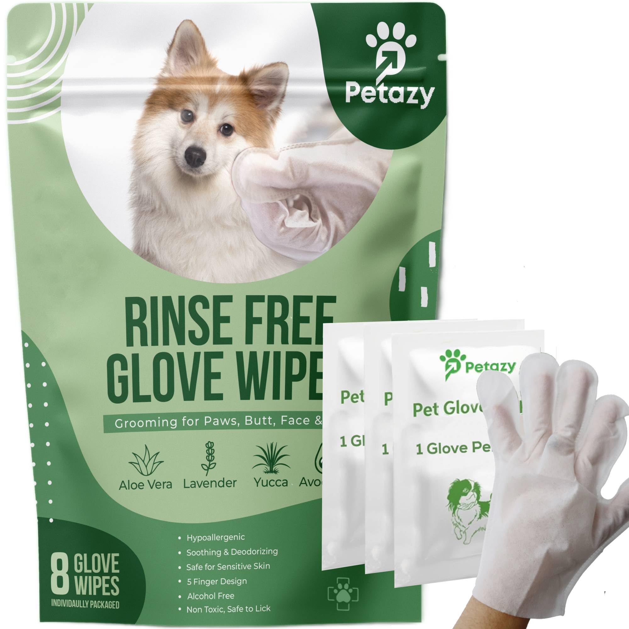 8 Dog Glove Wipes For Paws And Butt Ears Eyes Face Fur | No Rinse Lavender Scented Dog Grooming Glove | Large Size Natural Gentl