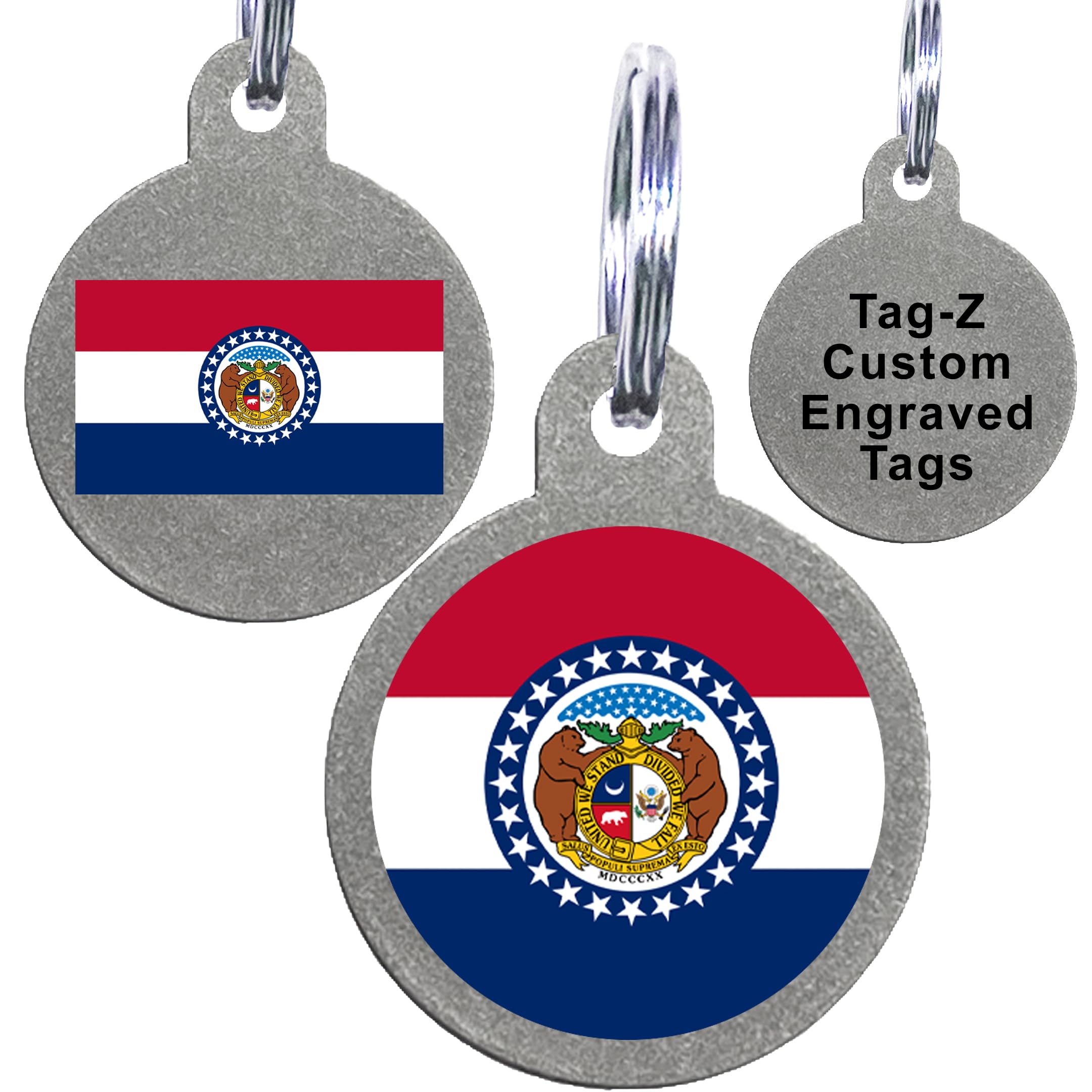 Missouri Flag Pet Id Tags, Custom Printed And Laser Engraved Circle