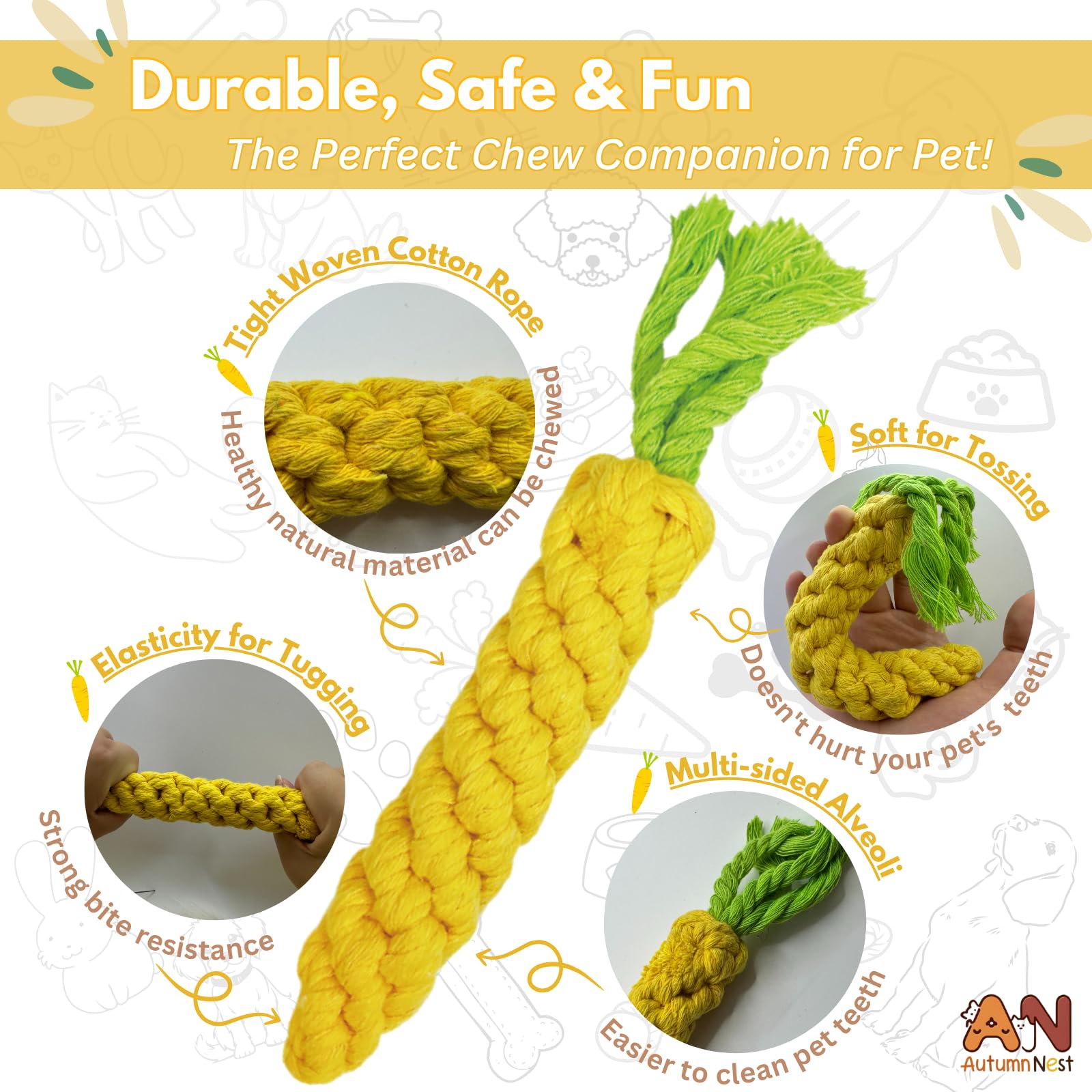 Autumnnest 3Pcs Yellow Woven Pet Chew Set, Puppy Teething Chews, Dog Chew Accessories, Cat Interactive Chews, Durable Braided Ch