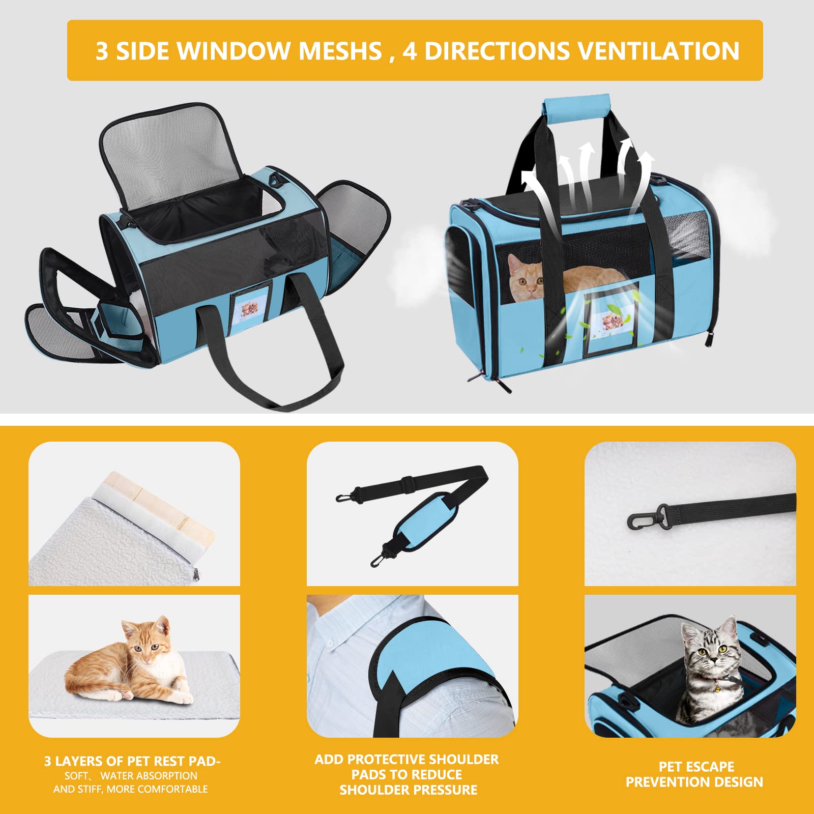 Seclato Cat Carrier Dog Carriers Airline Approved For Small Dogs, Kitten, Carriers For Small Medium Cats Under 15Lb, Collapsible