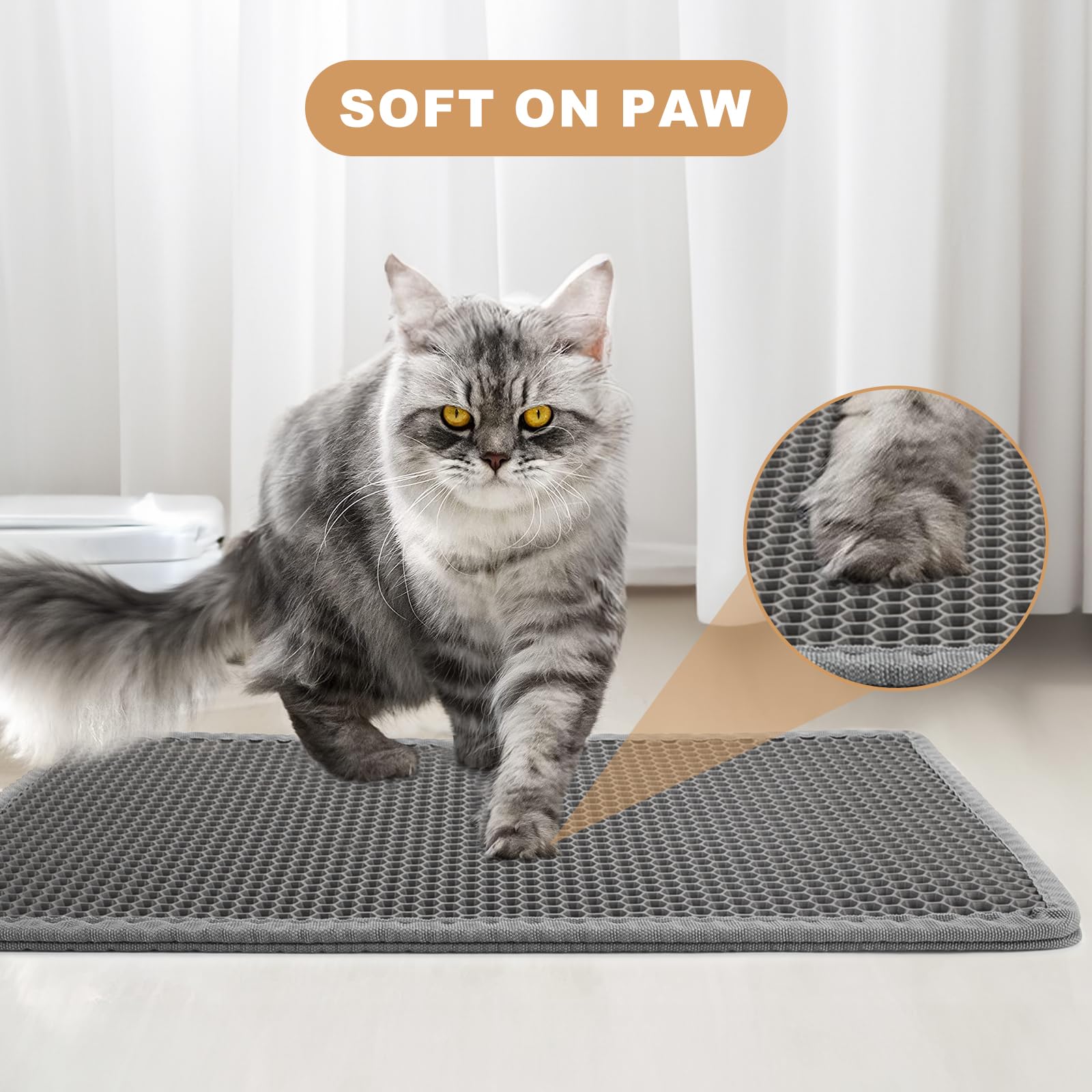 Garoopion Cat Litter Box Mat, Large 30' X 24' Eva Litter Trapping Mat, Double Layer Honeycomb Holes Scatter Control, Gray