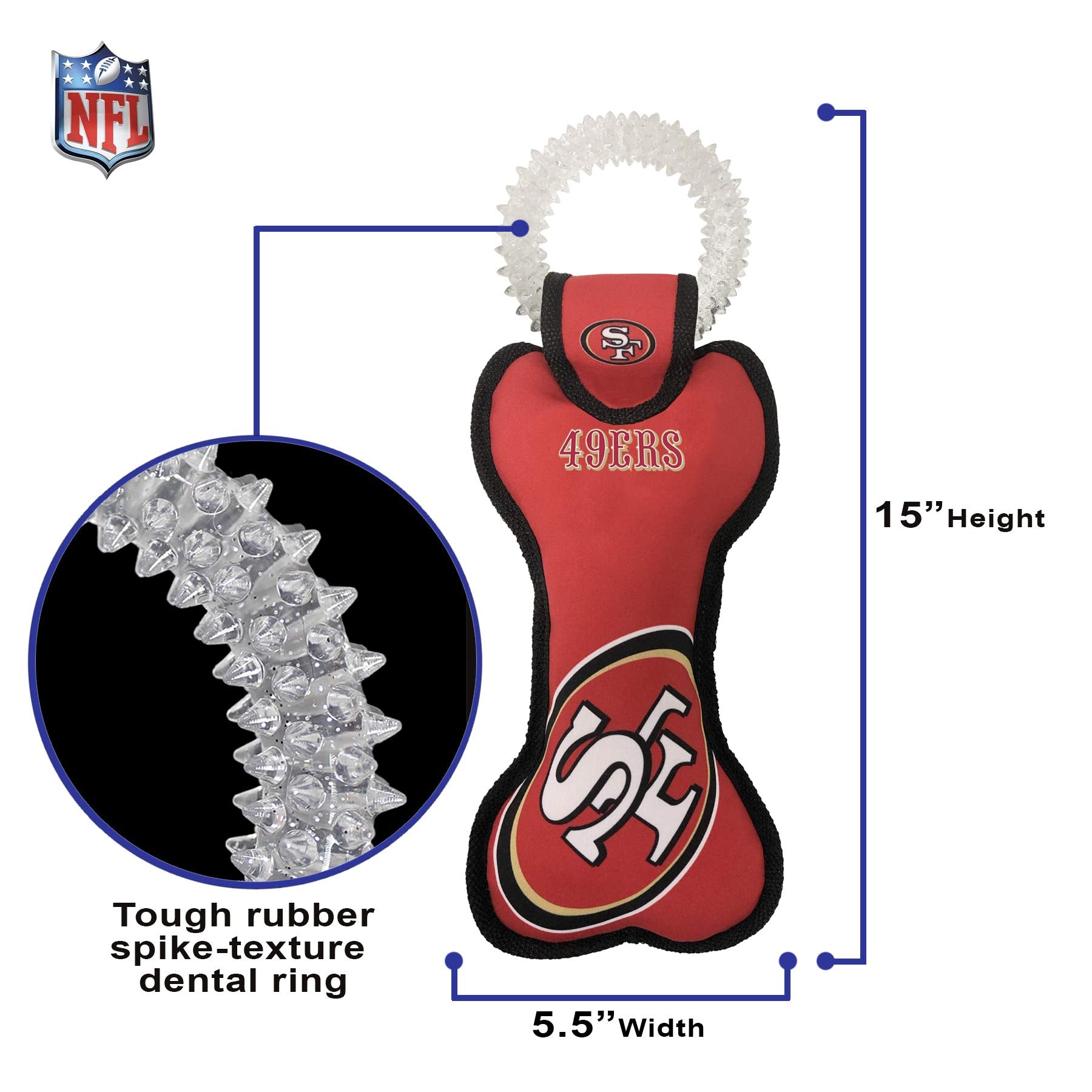 Pets First NFL SAN Francisco 49ERS Dental Dog TUG Toy with Squeaker. Tough PET Toy for Healthy Fun, Teething & Cleaning Pet's Te