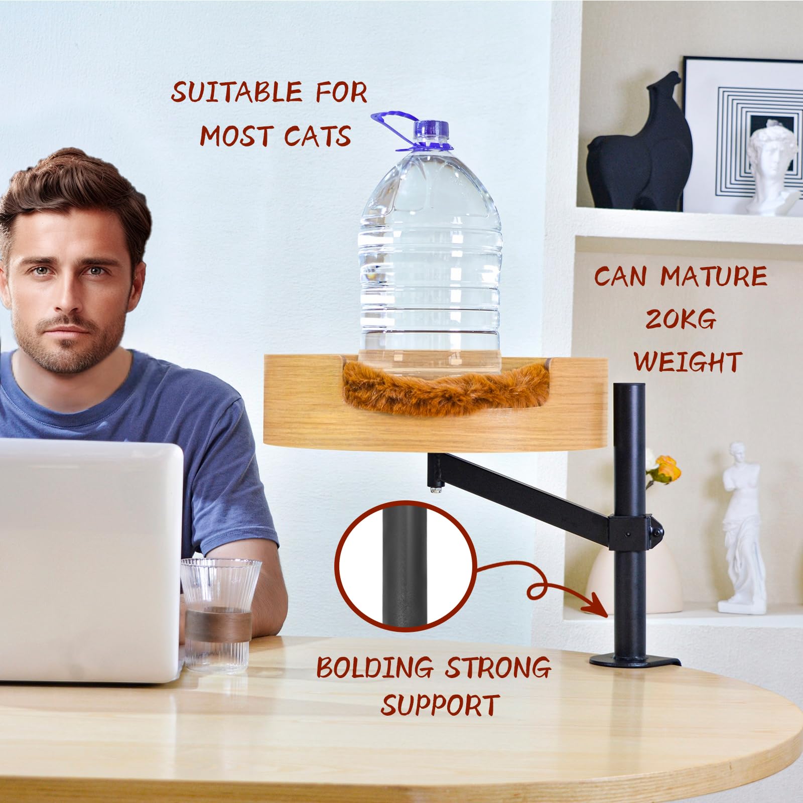 Zbuq Cat Bed Desk With Pet Mat, Cat Hammock For Desk, Cat Bed Desk With Wooden Bowl, 360 Rotation And Adjustable Height, Brown