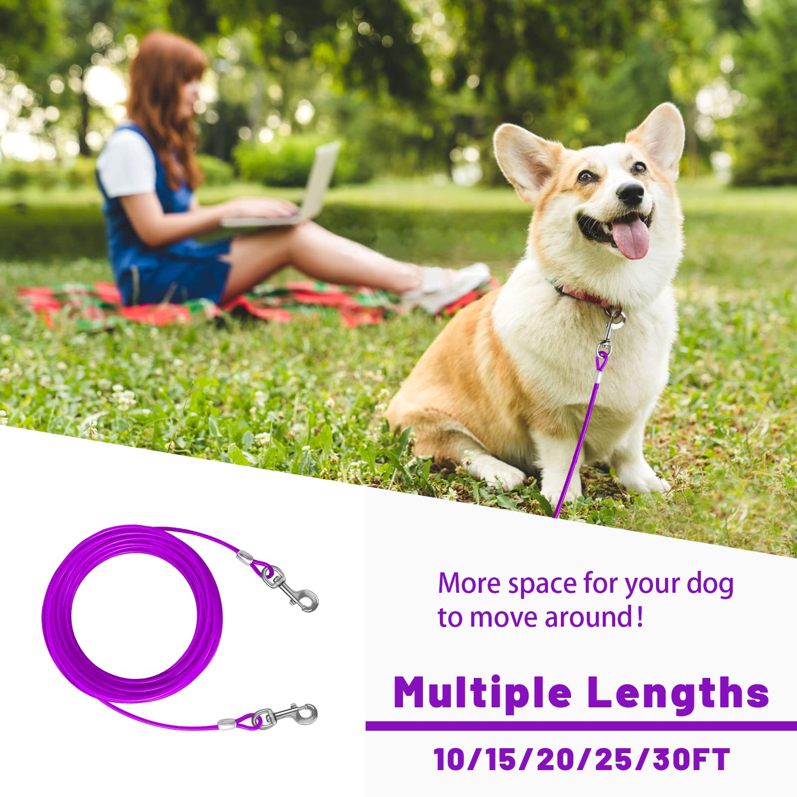 HaiYUAN Dog Tie Out Cable 10/15/20/25/30 FT Runner for Yard Steel Wire Cable with Durable Superior Clips Purple Chains for Outside Dog Lead for Large Up to 165 Lbs -Like New