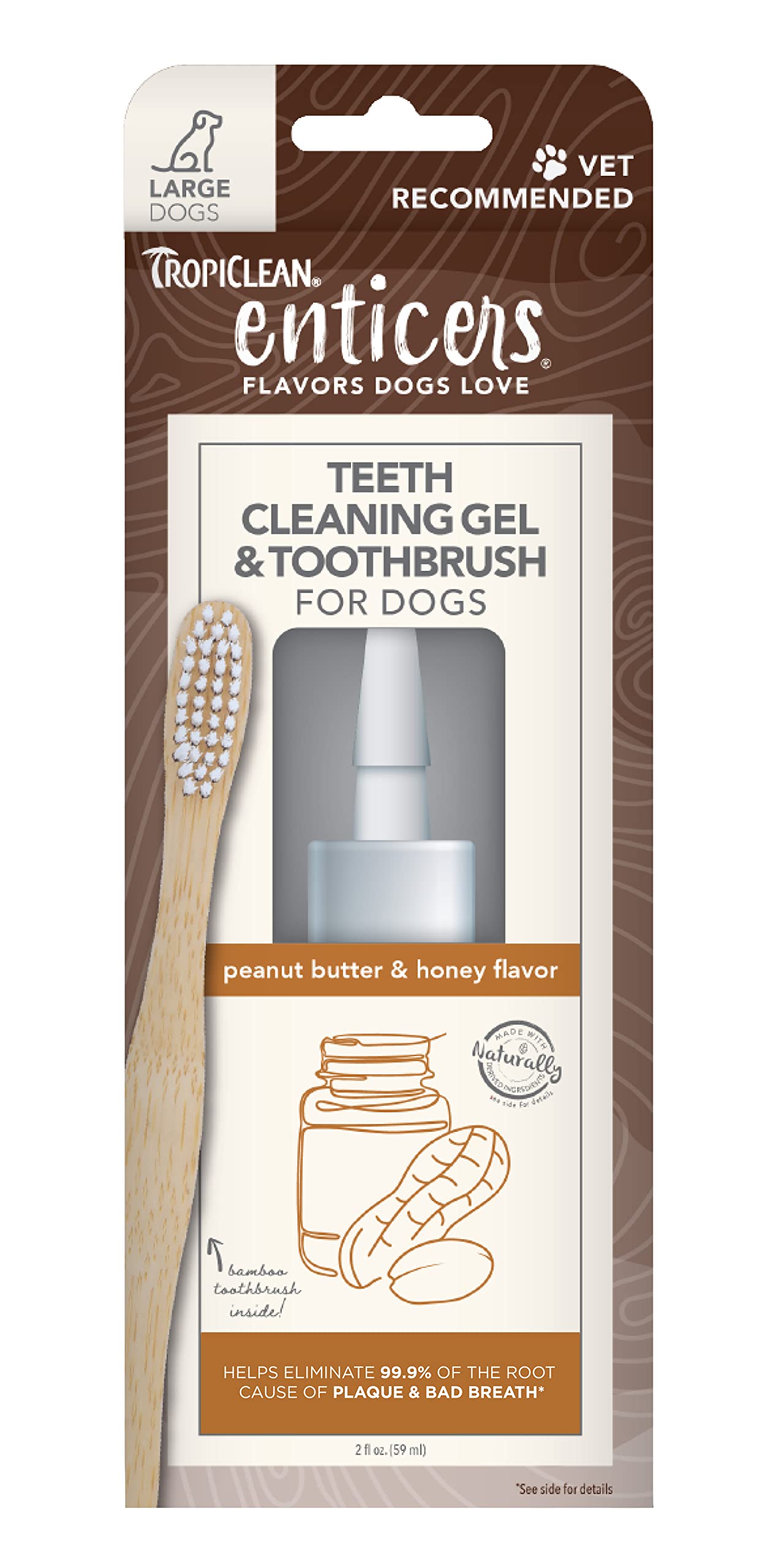 TropiClean Enticers Teeth Cleaning Gel & Toothbrush for Large Dogs | Peanut Butter & Honey Flavor | Bamboo Brush Speeds Up Plaqu