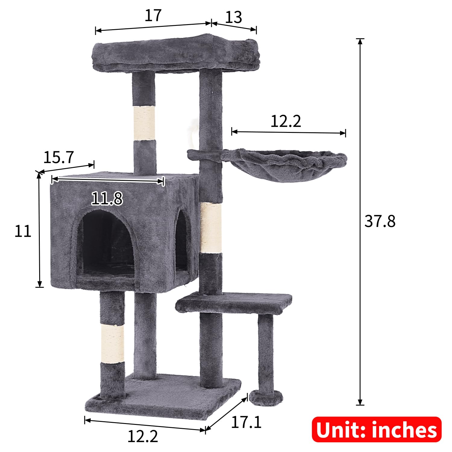 FDW | 37.8 Cat Tree Tower | Light Gray | Multi-Level Indoor Activity Center with Sisal Scratching Posts, Condos, Plush Perches,