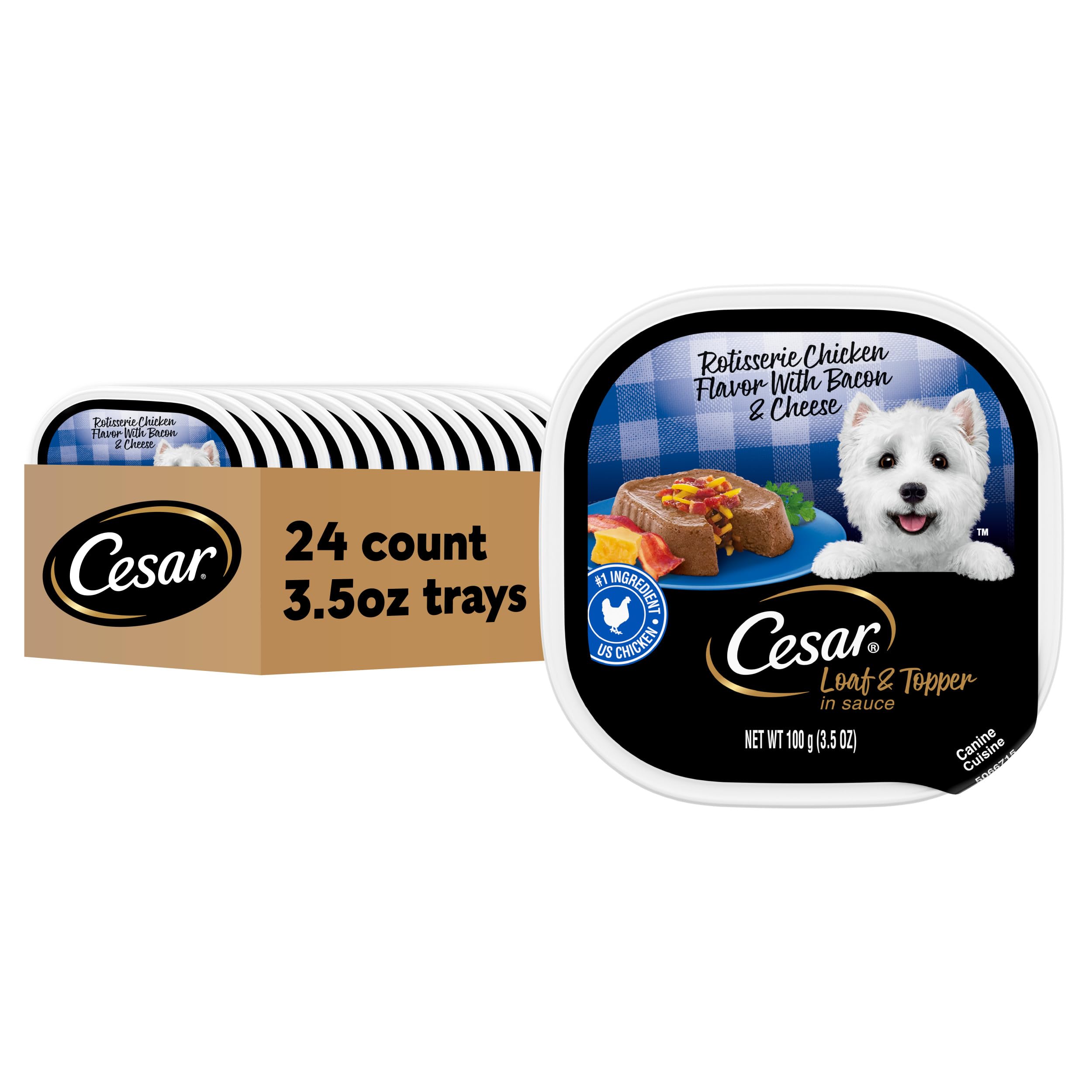 Cesar Wet Dog Food Loaf & Topper in Sauce Rotisserie Chicken Flavor with Bacon & Cheese, 3.5 oz. Easy Peel Trays (24 Count, Pack