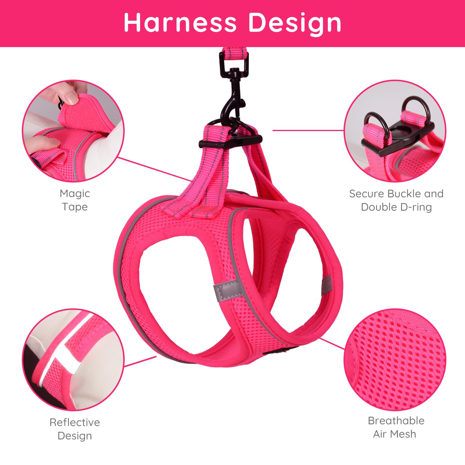 Bella & Pal Puppy Harness With Leash Set, Dog Harness For Small Dogs No Pull, Dog Leash For Small Dogs, Step In Harness For Extra Small Dogs, Hot Pink Harness, L